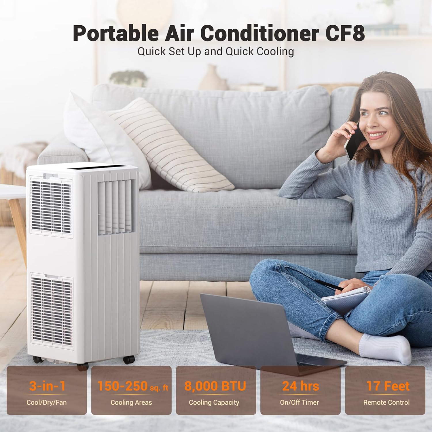 Portable Air Conditioners, 8000 BTU Portable AC Cools up to 350 Sq. Ft., LED Touch Panel, Built-in Dehumidifier, Fan, 3 in 1 Compact Indoor Quite AC Unit for Home Office Dorm RV