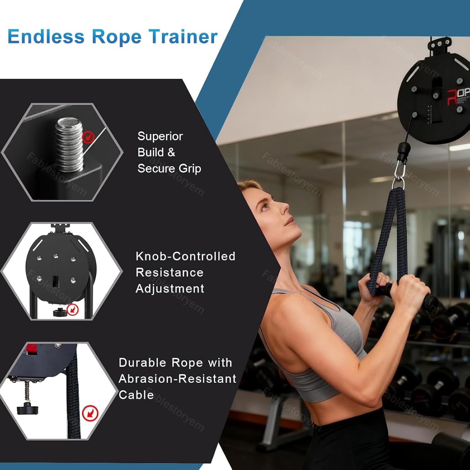 Fitness Rack Mounted Endless Rope Pulley System, Steel Drum Mounts on Upright, 14Ft Closed-Loop Nylon Rope, Home Gym Infinity Rope for Interval Resistance Training (with Strap & Buckles) Black
