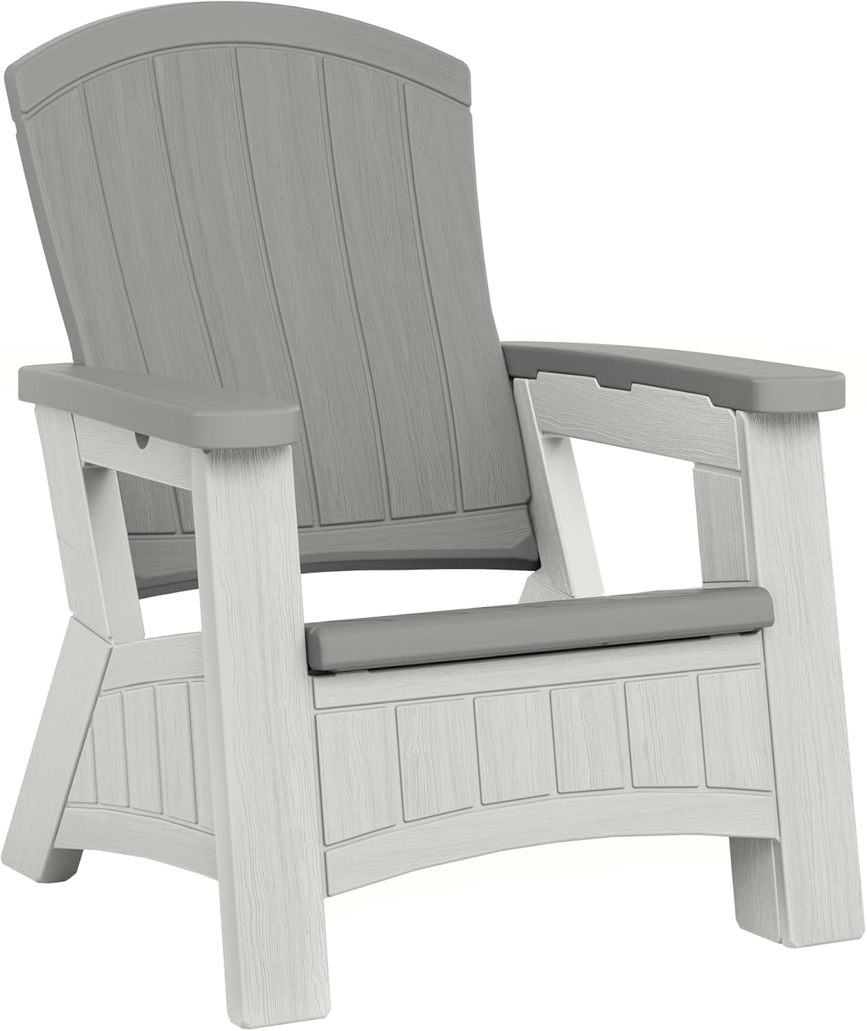 Suncast Outdoor Patio Adirondack Chair with 8 Gallons of Under-Seat Storage, Stylish Faux Wood Outdoor Storage Chair, Dove Gray/Ice Cube, Made in The USA