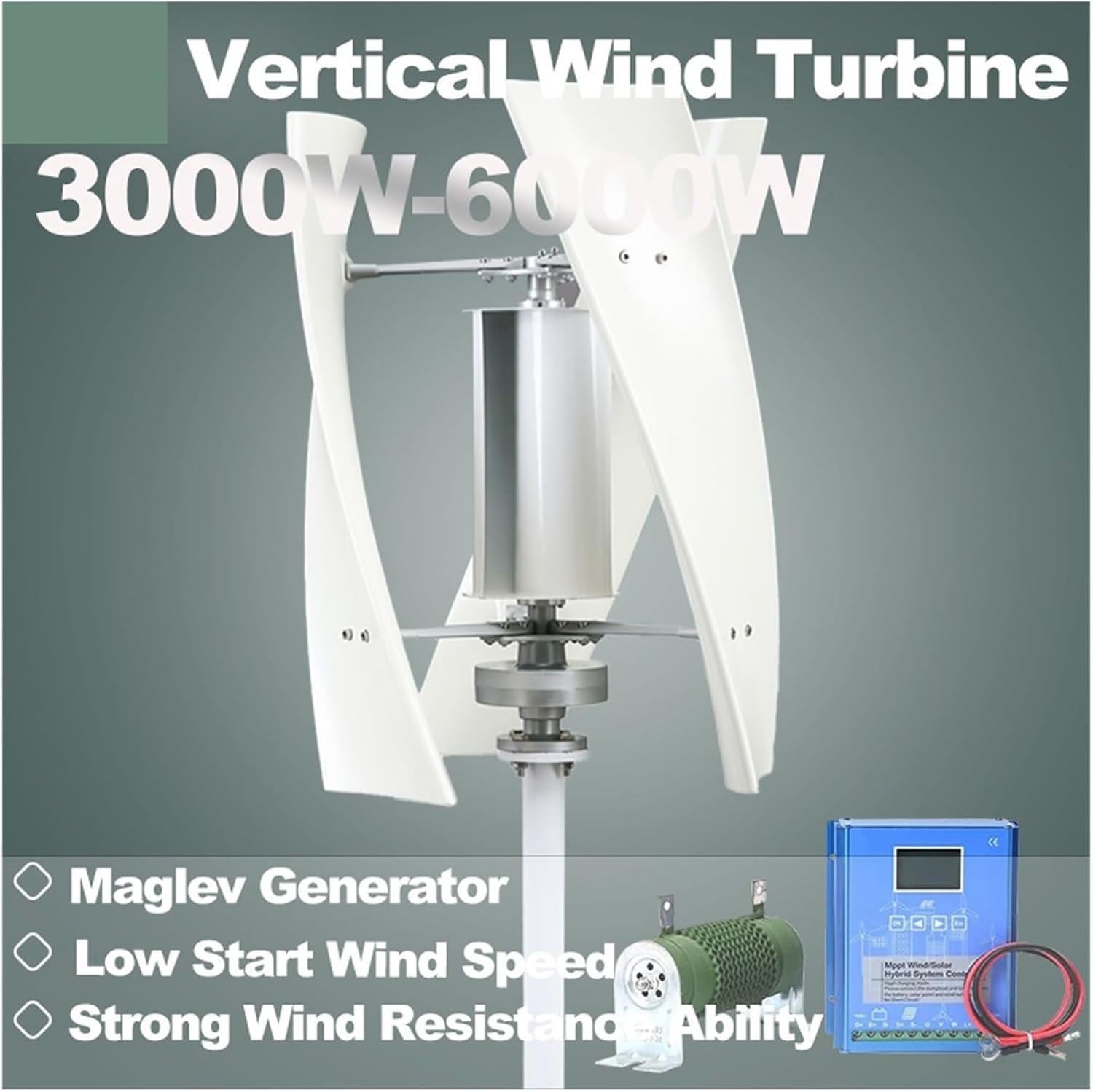 5KW 5000W 3000W 6KW Vertical Axis Windmill Turbine Generator 12V 24V 48V with Hybrid Charge High Voltage Boost Controller Low Starting Speed for Home(White,12V_5KW)