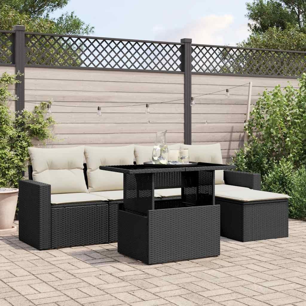 6-Piece Garden Sofa Set Black, Cream White PE Rattan, Modular Outdoor Patio Furniture for Dining & Lounging, UV Resistant
