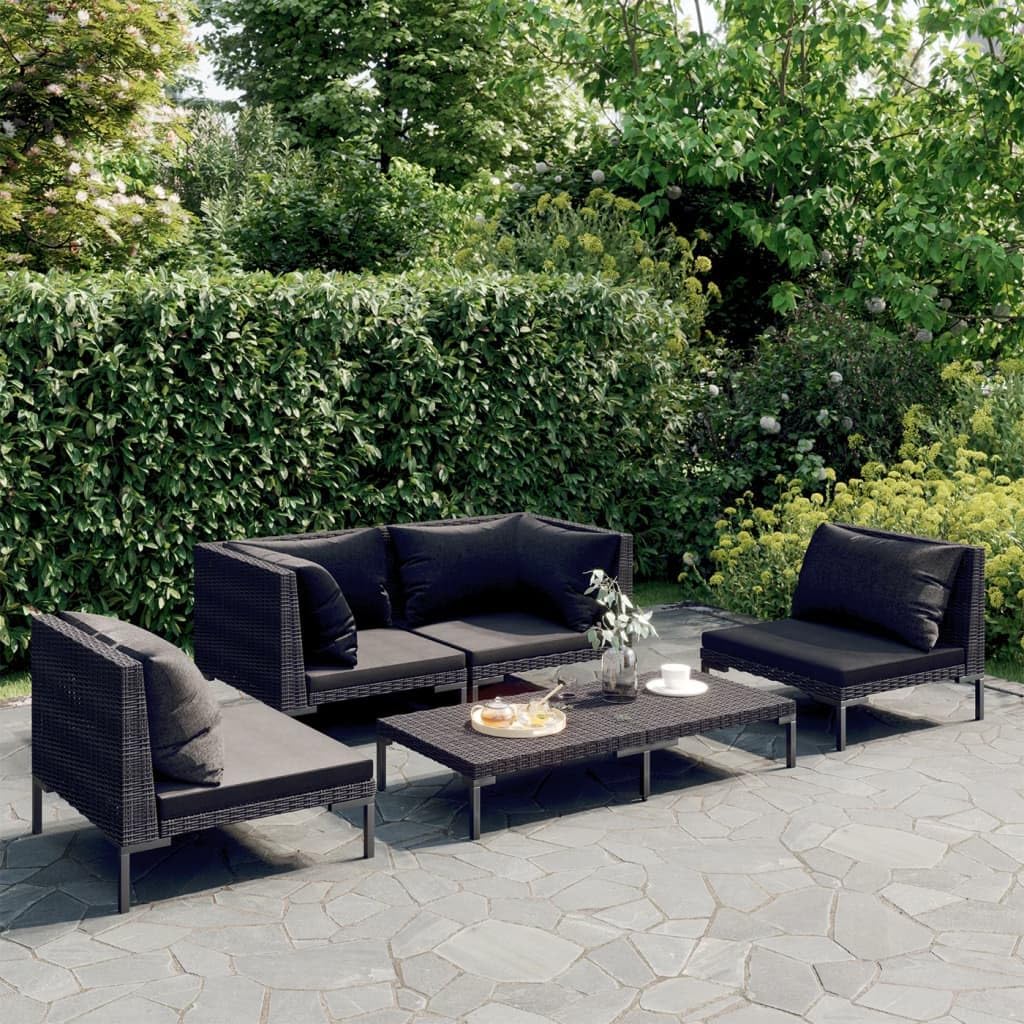 5 Piece Patio Lounge Set with Cushions Poly Rattan Dark Gray Garden Furniture