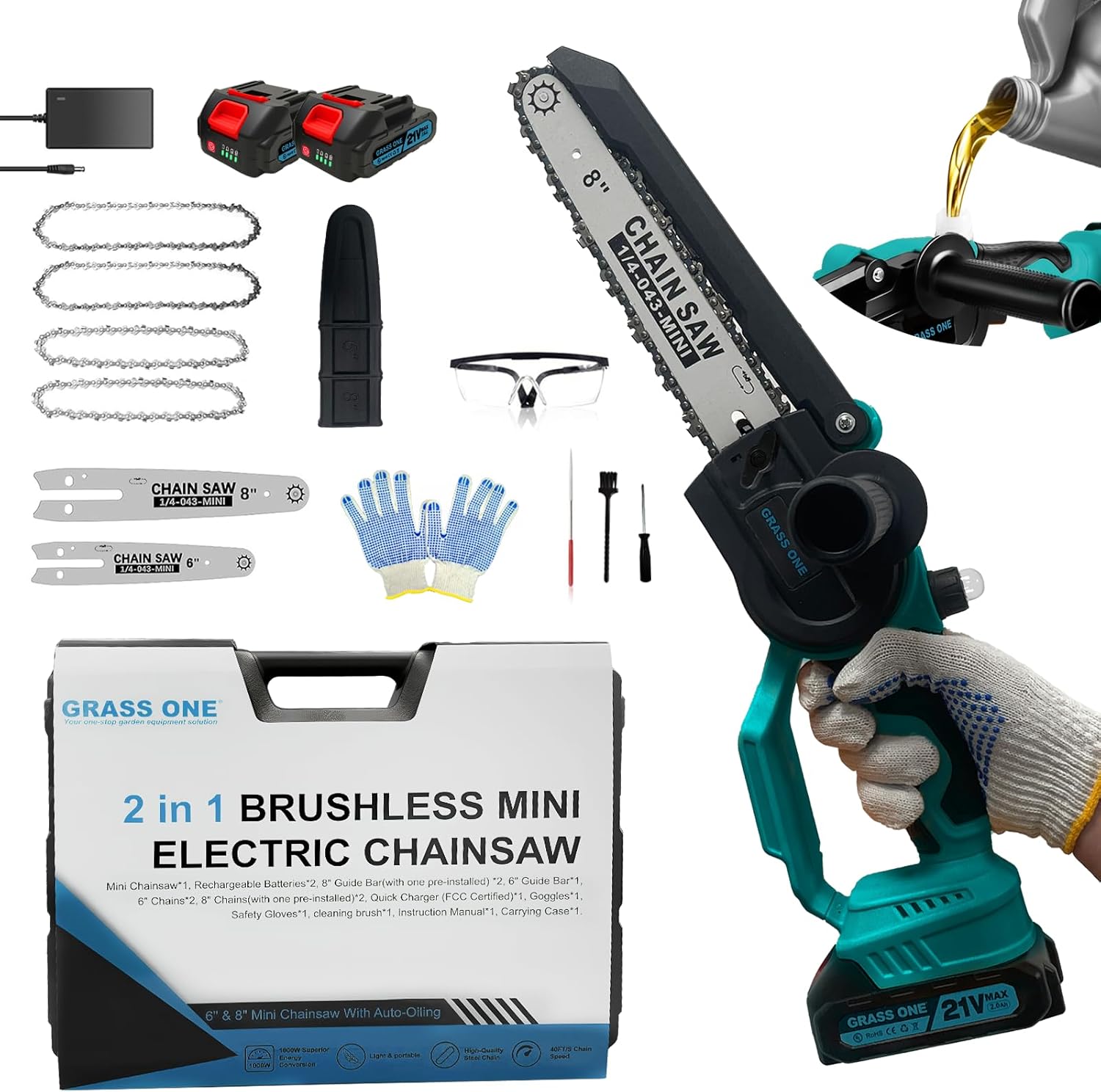 Mini Chainsaw, 8 inch & 6 Inch Portable Electric Chainsaw, 2025 Upgrade, Small handled Chain saw Cordless with 2 Batteries & Auto Oiler for Trees Branches, Garden, Yard, Power Gifts for Men Dad (Blue)