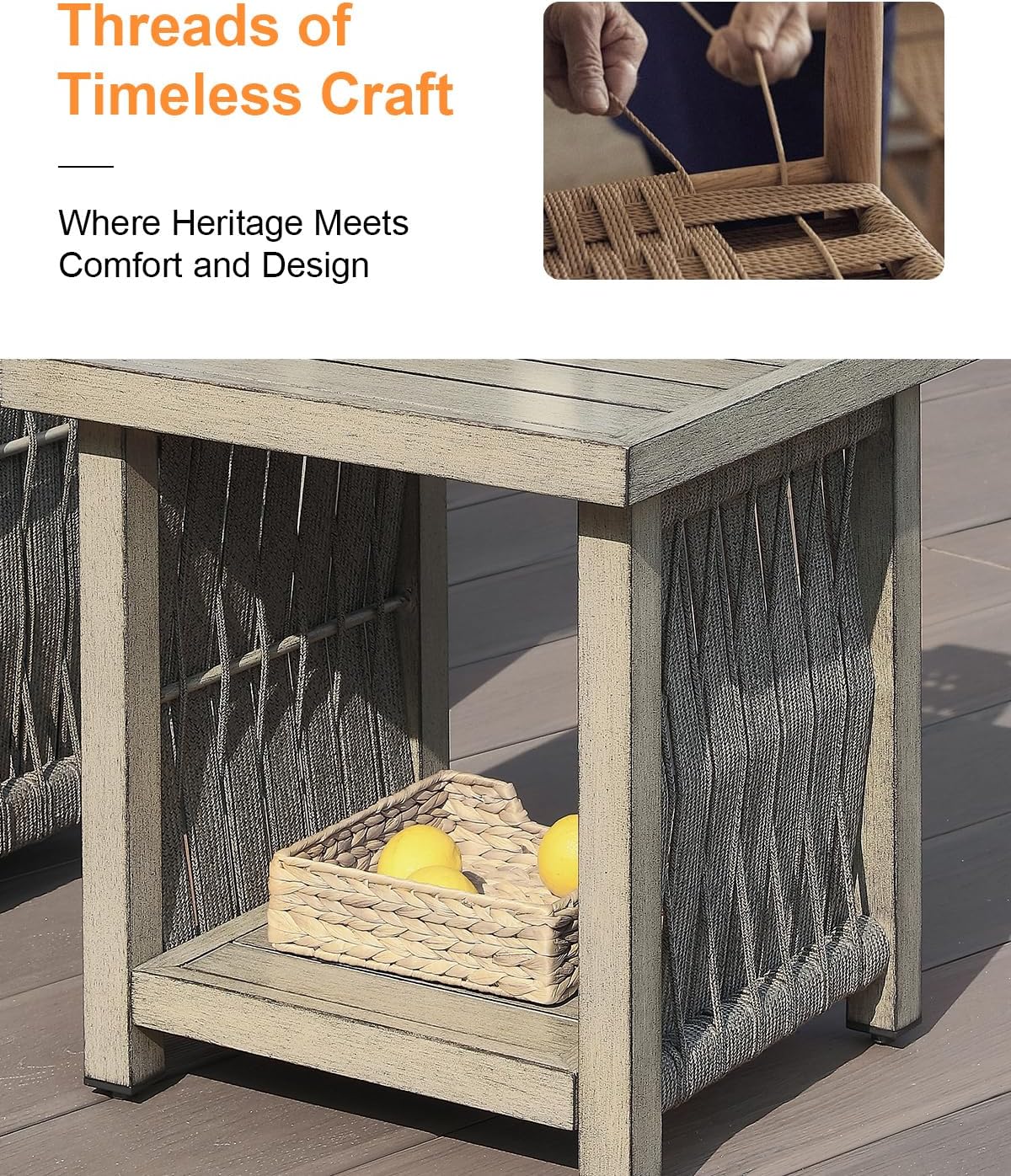 Outdoor Side Table, Aluminum Square Patio Side Table, 2-Tier Rope Weave Outdoor End Table with Adjustable Legs, Outside Furniture Patio Table for Garden, Pool, Balcony, Decks, Gray Oak