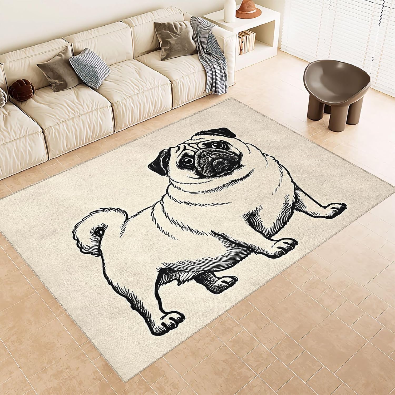 Pug 8x10 Area Rugs Gray and Black Area Rug, Ultra Soft Faux Wool Retro Rugs for Bedroom, Dining Room, Non Slip&Non-Shedding Low Pile Print Rug Indoor Large Carpets for Home Office Decor