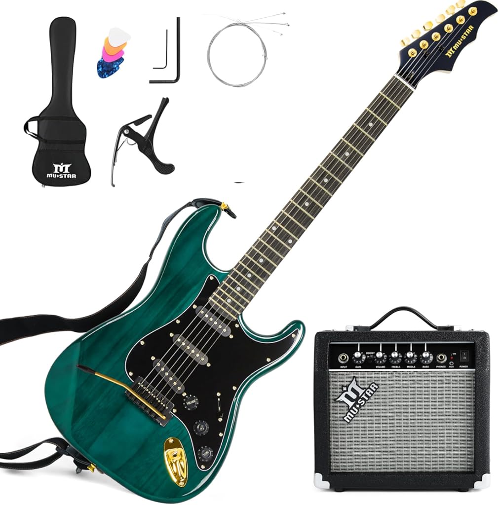 MUSTAR Electric Guitar Kit with 25W Amplifier, 39 Inch Full Size Solid Wood Electric Guitar Beginner Kits, Gig Bag, Digital Tuner, Capo, Strap, Cable, Picks, Birthday Holiday Gifts (Green, MEG-100)