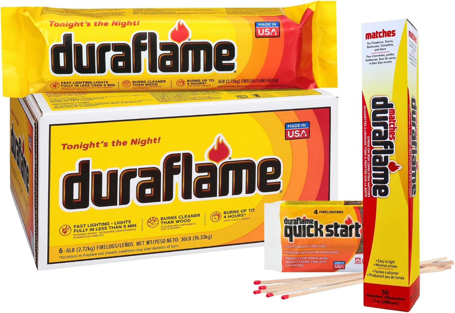 Duraflame Firelogs Bundle – Firelogs with Quickstart & Long Stick Matches – Easy-to-Light, Long-Lasting, Clean-Burning Indoor/Outdoor Logs (6lb 4 Hour)