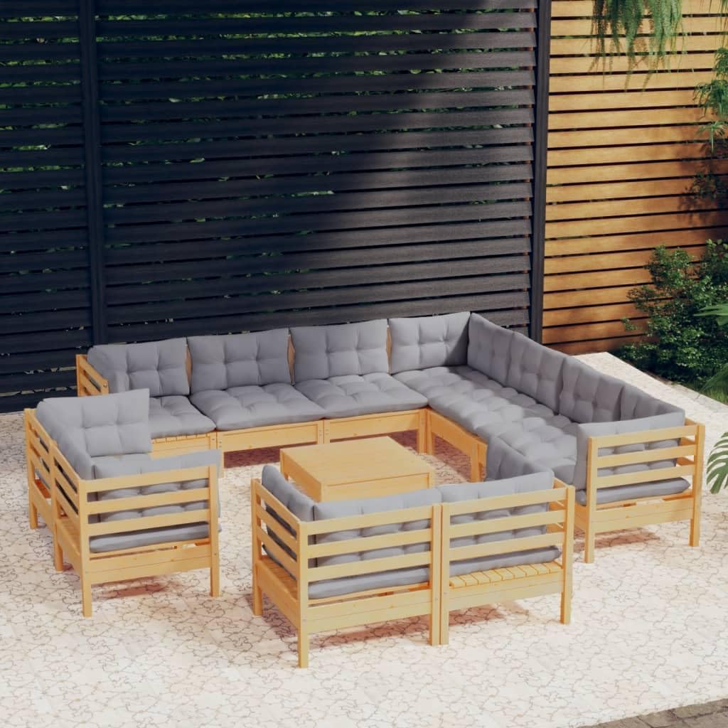 12 Piece Patio Lounge Set with Gray Cushions Solid Pinewood,Ultimate Comfort and Versatility: Modular Garden Lounge Set in Durable Pinewood and Plush Gray Cushions Furniture Sets for Patio, Lawn & Gar