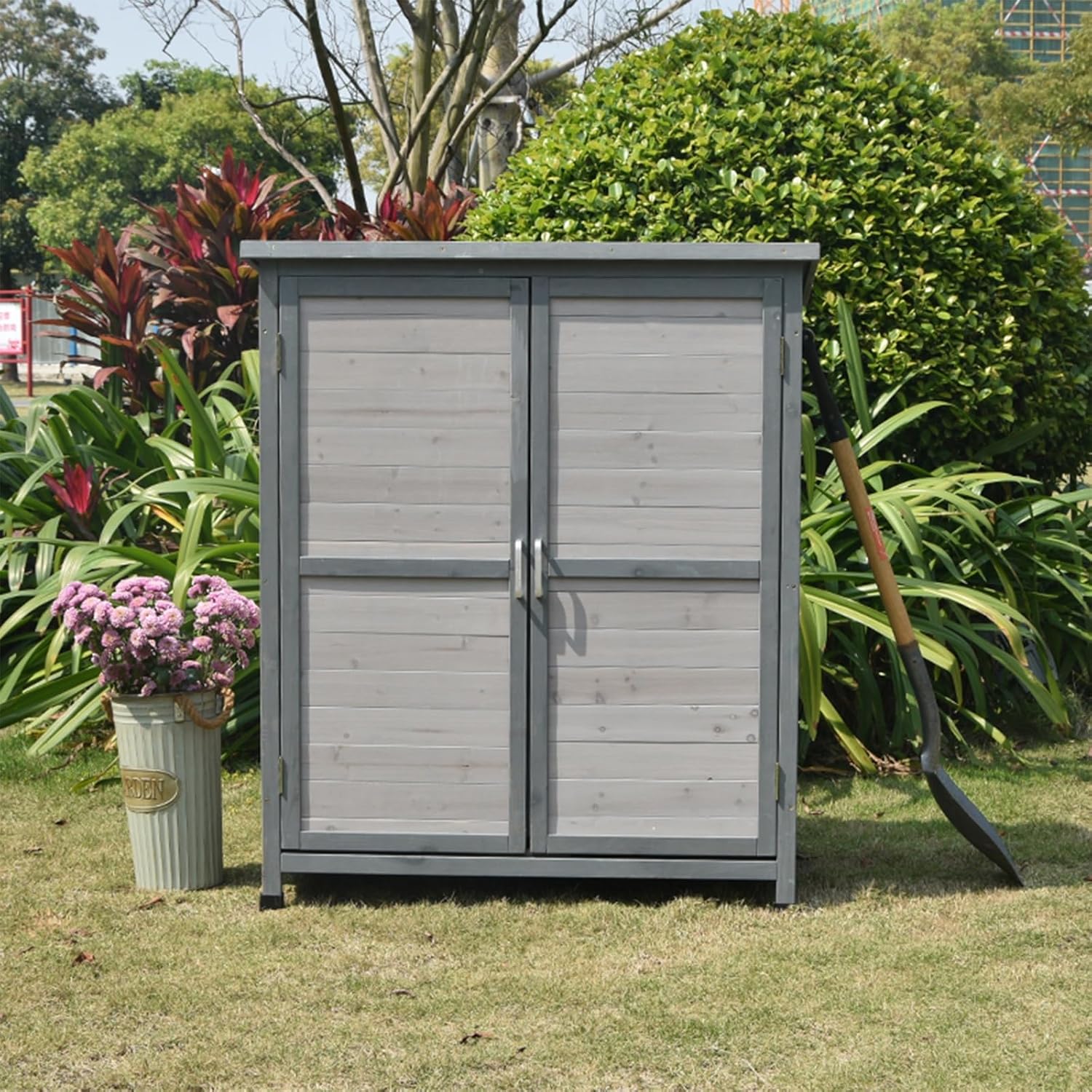 Small Vertical Tool Shed,Compact Tool Cabinet with Doors and Handles,Storage Cabinet with Waterproof Asphalt Roof, Double Lockable Doors, 2-Tier Shelves for Backyard (One Color Gray)