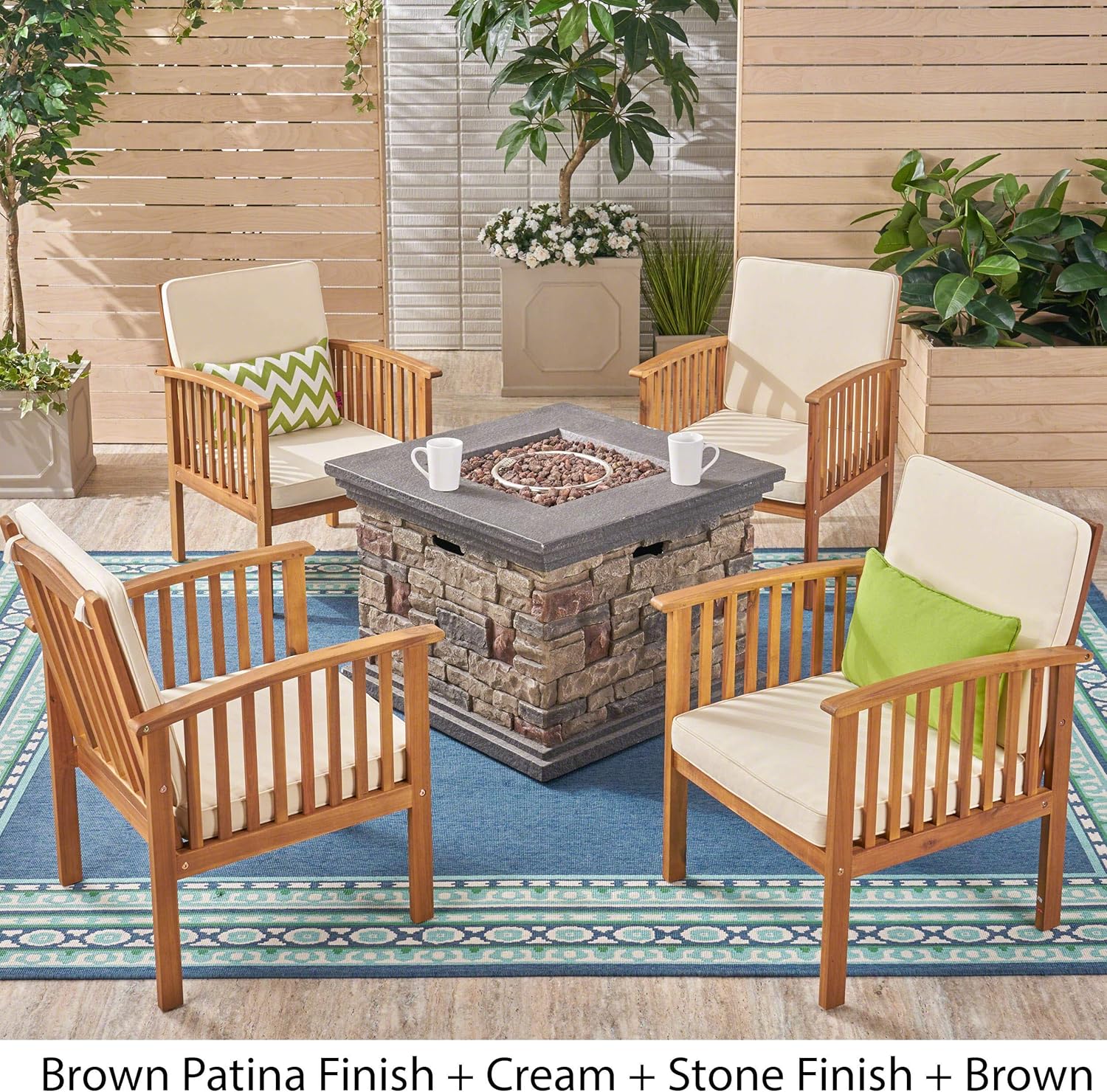GDFStudio Outdoor 4-Seater Acacia Wood Club Chairs with Firepit, Brown Patina Finish and Cream and Stone