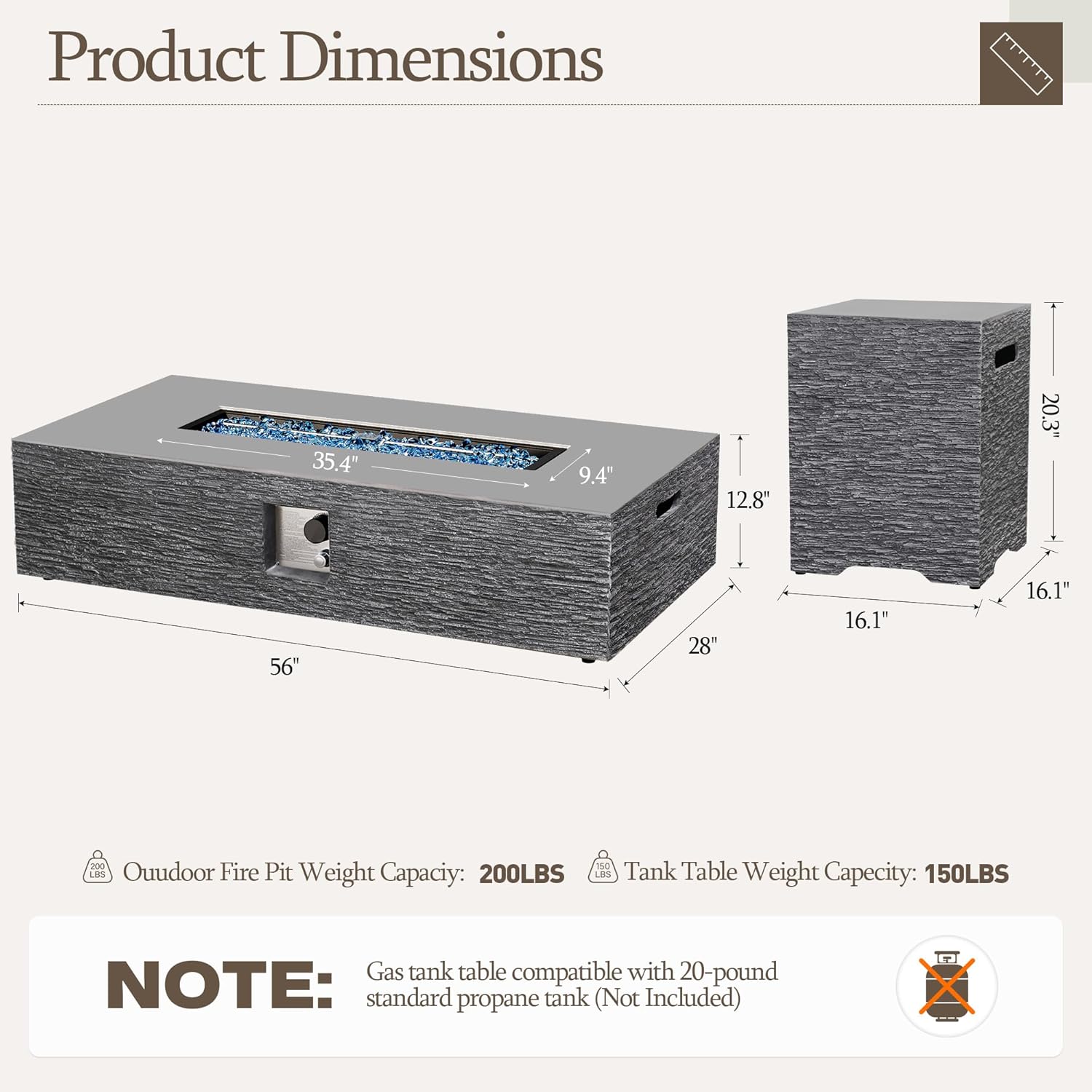 UPHA 56-inch Outdoor Propane Gas Fire Pit Table 50000 BTU Concrete Rectangle FirePit for Outside Patio with Propane Tank Cover, Blue Glass Rocks, Rain Cover, Grey Horizontal Stripe