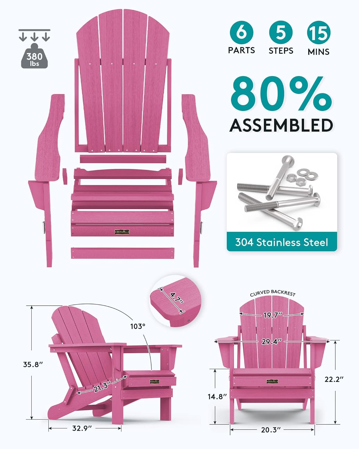 SERWALL Adirondack Chair for Patio Garden Outdoors Fire Pit- Hot Pink