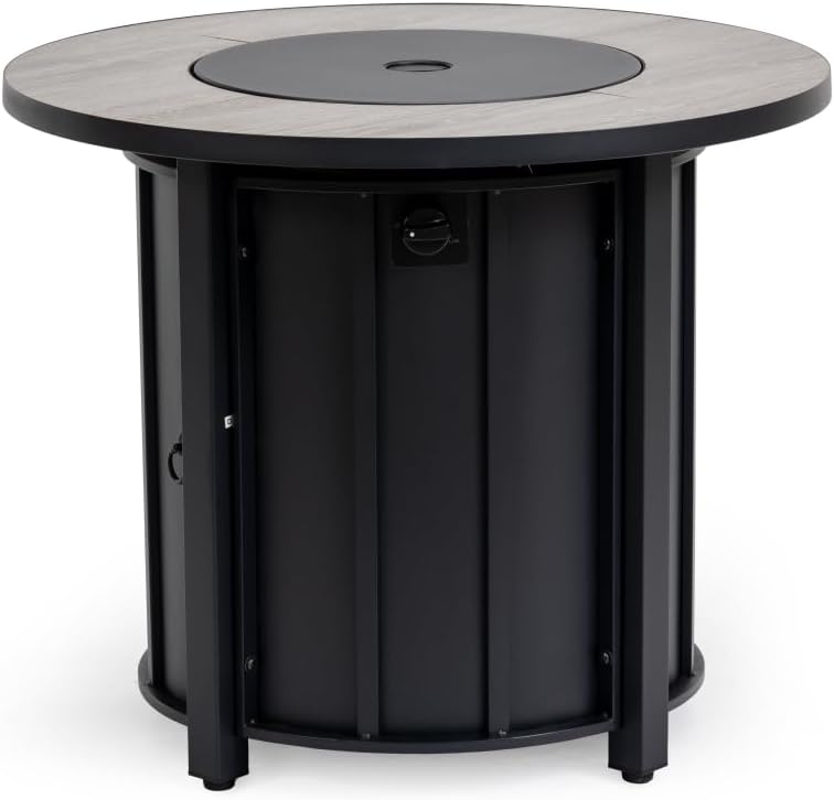 30 Inch Round Propane Fire Pit Table with Wood Grain Ceramic Top and Stainless Steel Burner for Patio, Backyard, Garden