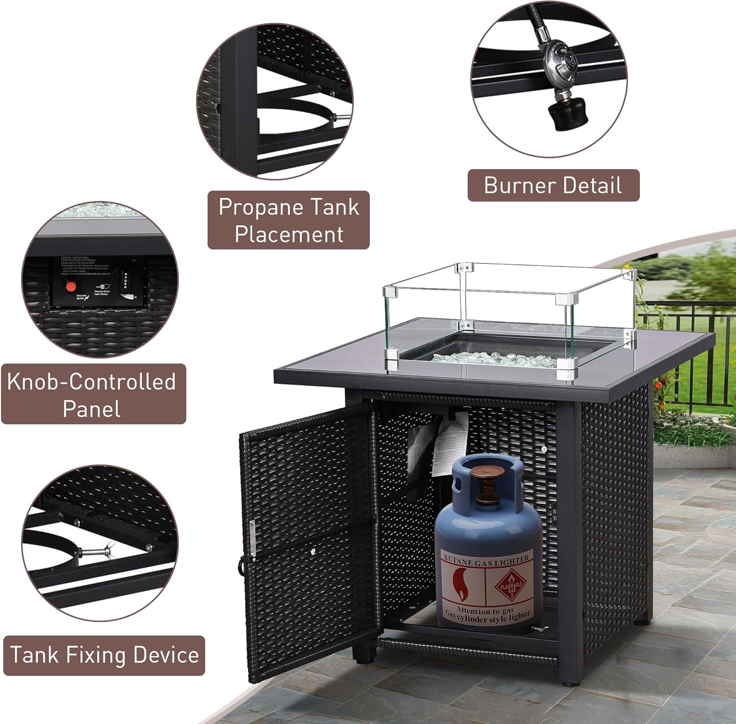 Ainfox 28 Inch Outdoor Fire Pit Table, 50,000 BTU Propane Fire Pit with Lid and Wind Glass Shield, Rattan 3-in-1 Fire Table for Patio, Backyard, Garden
