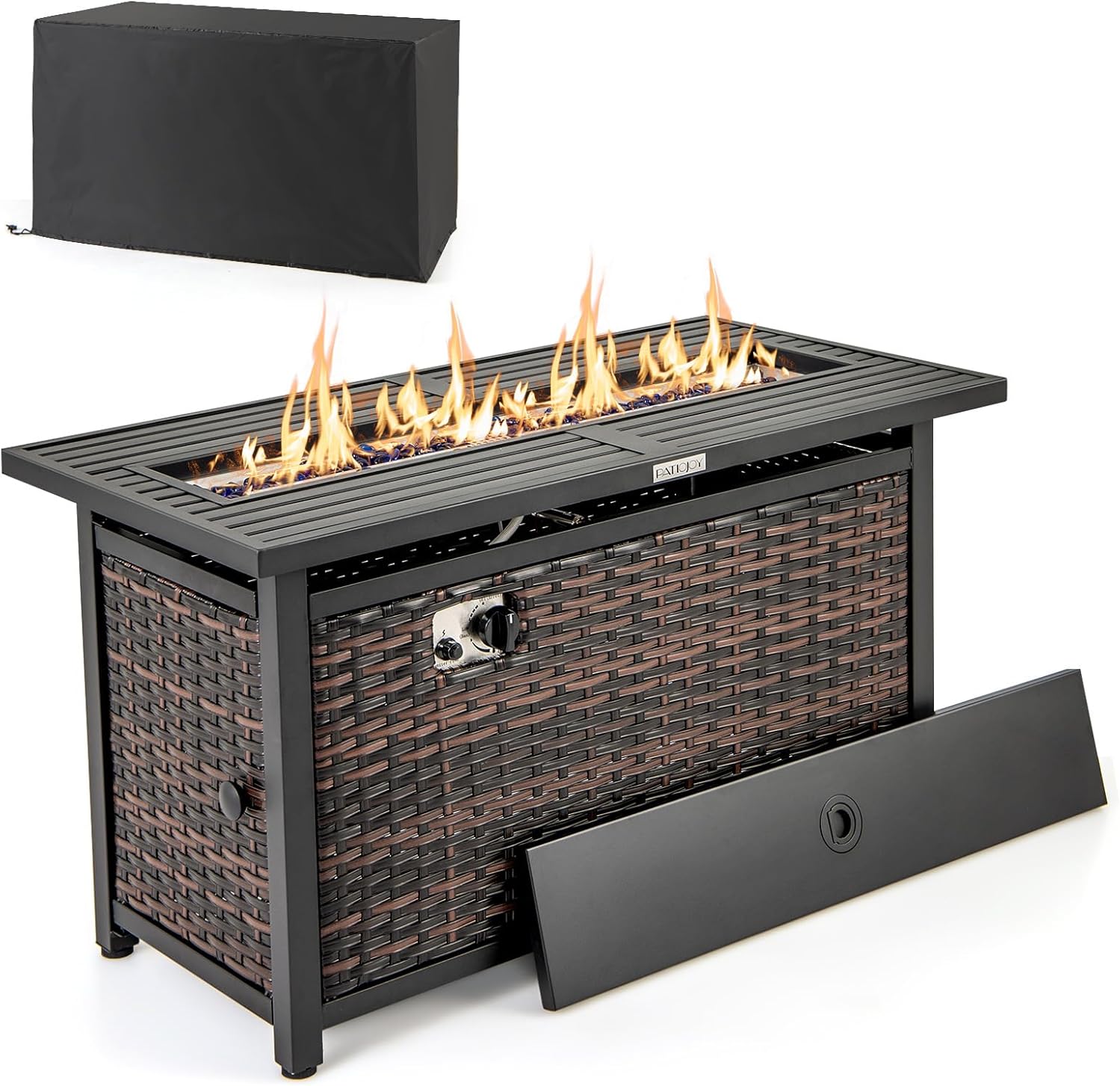 Tangkula 45 Inch Rattan Propane Fire Pit Table, Patiojoy 50,000 BTU Outdoor Rectangle Fire Pit with Glass Stones & Protective Cover, Heavy-Duty Metal Frame & Top, Patio Fire Table for Backyard