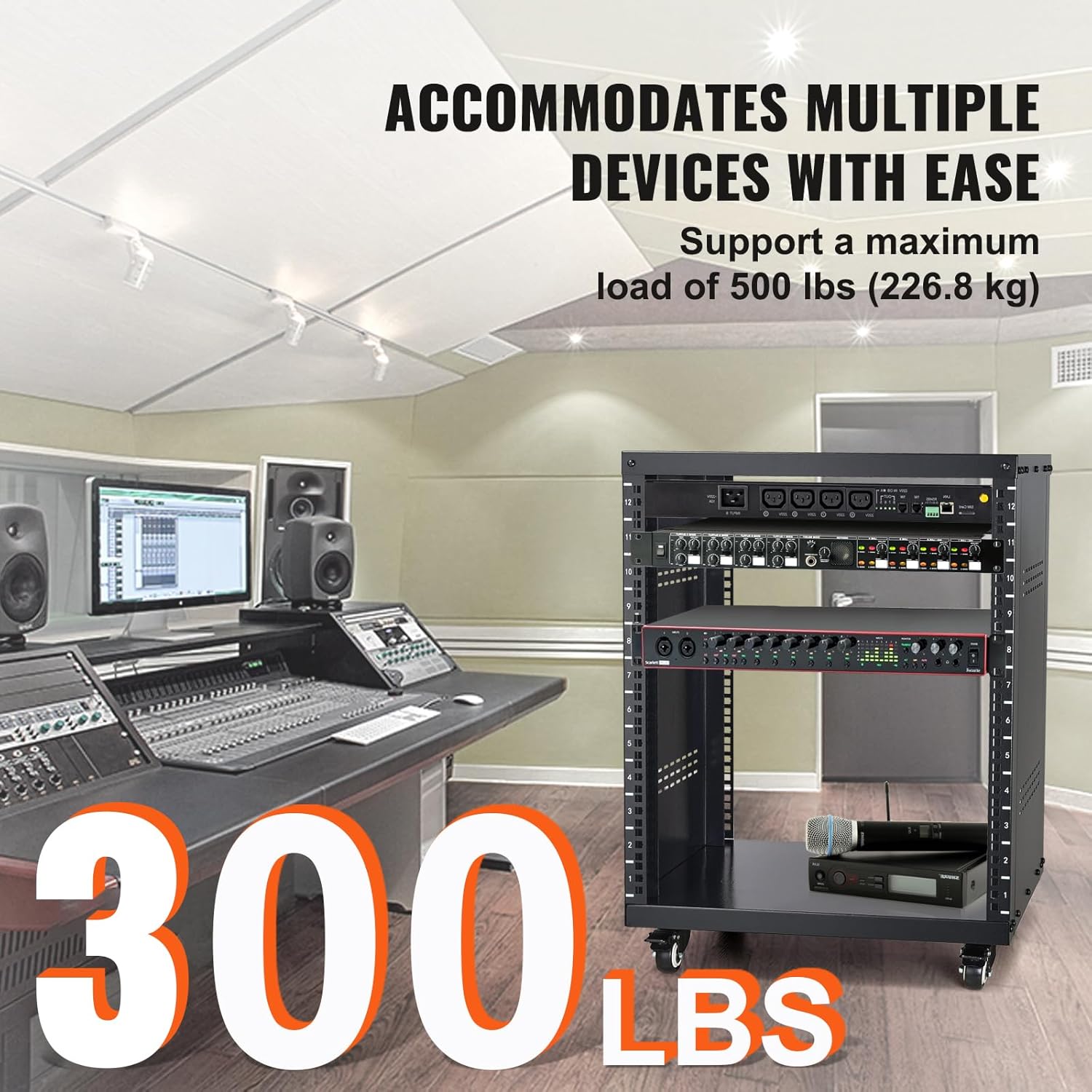 VEVOR 12U AV Rack Stand with Caster Wheels, Component Rack Cabinet Recording Studio Racks, Removable Side Panels, Universal Network Server Case, Special Vents for 19'' Audio Video Rack Mounting