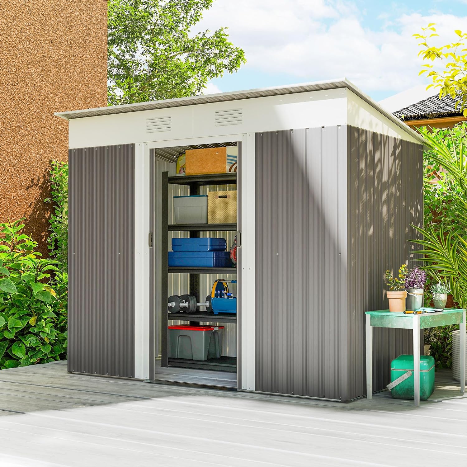 Outsunny 7' x 4' Metal Lean to Garden Shed, Outdoor Storage Shed, Garden Tool House with Double Sliding Doors, 2 Air Vents for Backyard, Patio, Lawn, Light Gray