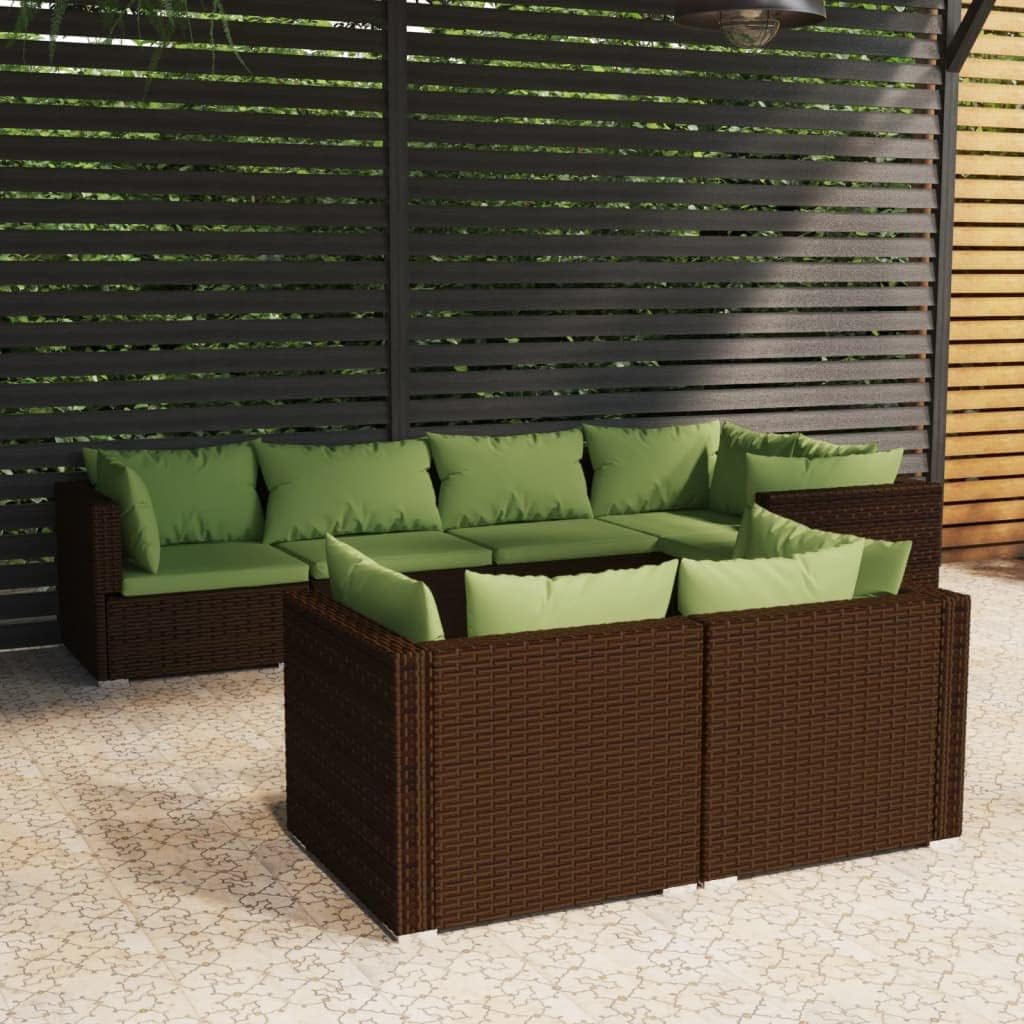 7 Piece Patio Lounge Set with Cushions Brown Poly Rattan Patio Furniture, Outdoor Furniture Sets