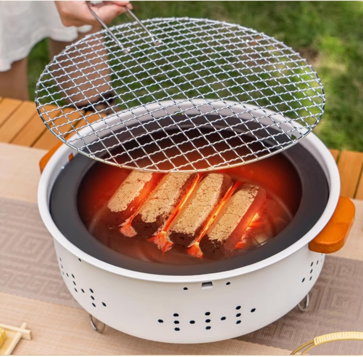 Fire Pits,Fireplace,Thickened Iron Body + Enamelled Inner Liner,Anti-Scald Handles on Both Sides,Detachable Design,Easy to Clean,with Grill Mesh and Grill Pan,33.5 x 10cm (A)