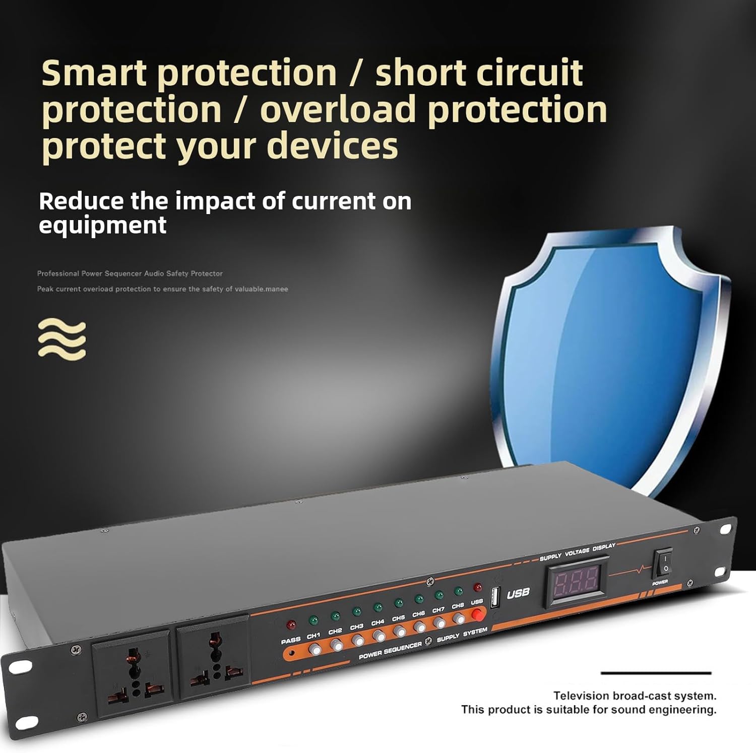 Yunseity 10 Outlet Power Sequencer Conditioner, Independent Power Switch USB Port with Digital Screen Voltage Display, for Home Theater Stage Studio Audio Equipment (US Plug)