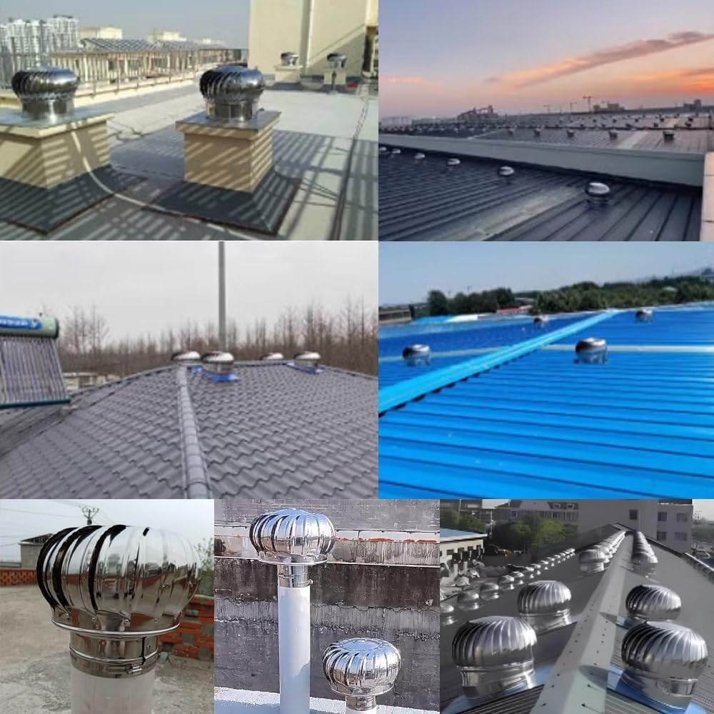 Stainless Steel 304 Roof Wind Turbine Rotating Non Power Ventilator Cap 4/6/8/10/12/18/24 Inch Rainproof Exhaust Cap for Pipe Flue Shed Roof(250mm/10in)