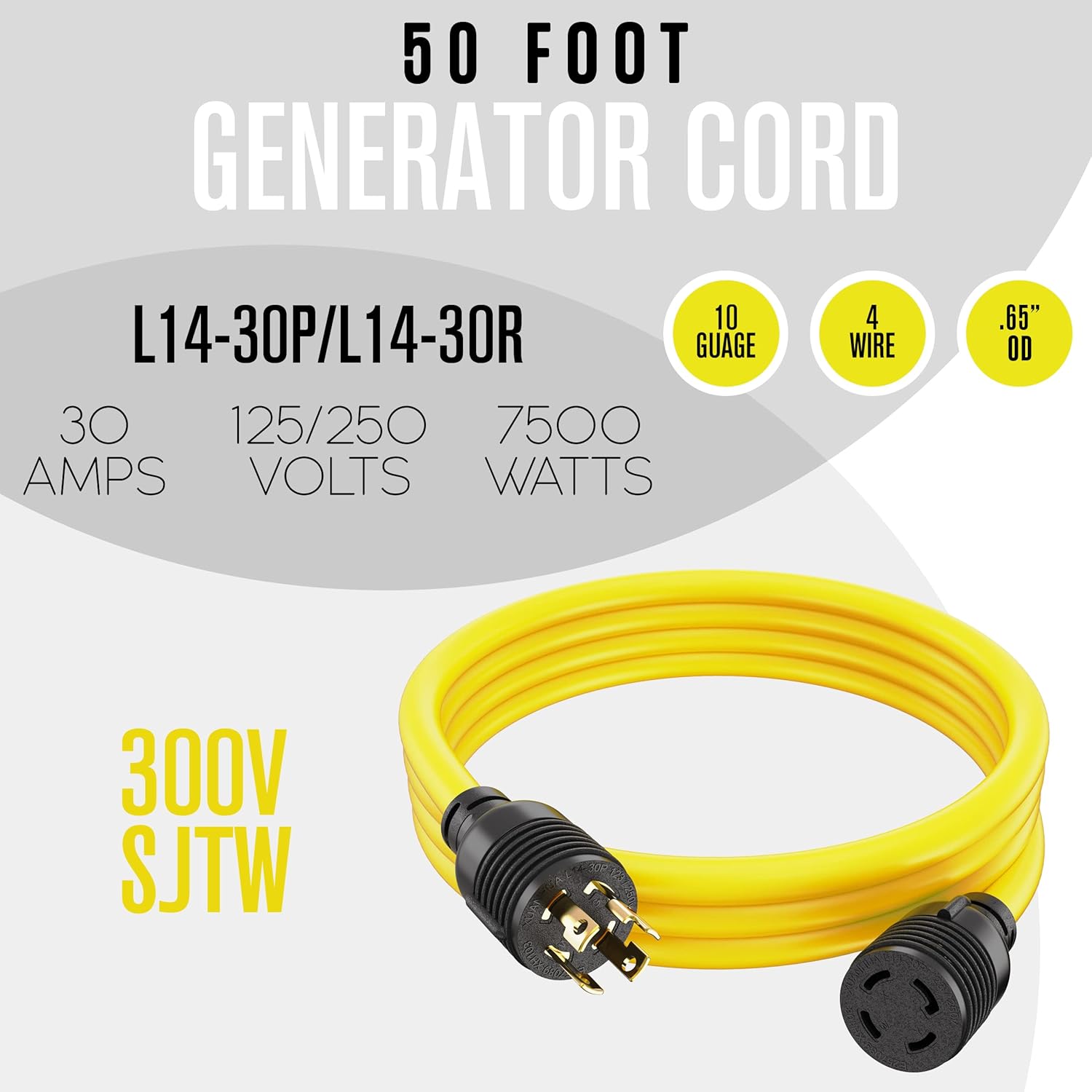 Houseables 30 Amp Generator Cord, Generator Cord, NEMA L14-30P to L14-30R, 30 Amp Extension Cable, 125/250V for 240V Use, 240 Volt, 30amp Power Wire, 4 Prong Plug, Dryer, UL CUL, 10 Gauge, 7500W, 50FT