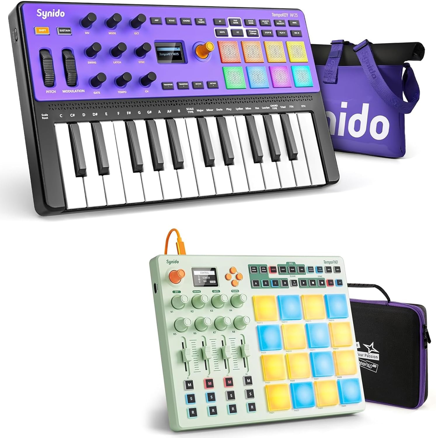 Synido Midi Pad Controller, Portable Beat Maker Machine with Drum Pads and USB C MIDI Controller Keyboard 25 Keys Wireless MIDI Rechargeable with 8 Velocity RGB Pads