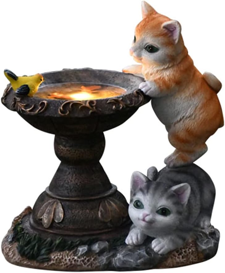 Garden Solar Cat Statue,Resin Cat Figurine Featuring with Light-Up Goldfish Basin,Animal Solar-Powered Lamp Waterproof,for Walkway Landscape Lighting Decoration