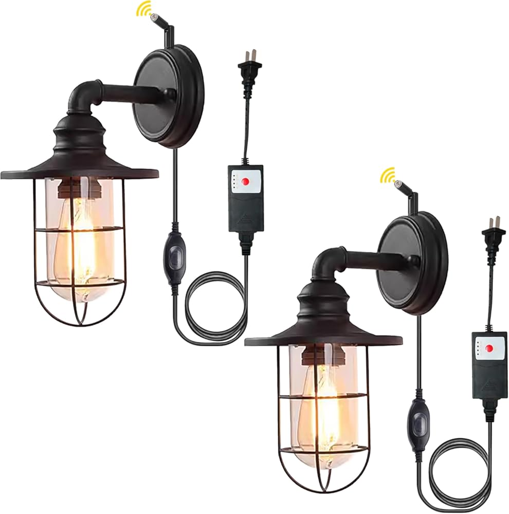 AUTO Plug-in Wall Light Outdoor Indoor Timer Adjustable Photocell Combo with UL Listed Waterproof Switch Cord Dusk to Dawn Setting Exterior Wall Lantern for Front Porch Light Backyard 2PCs