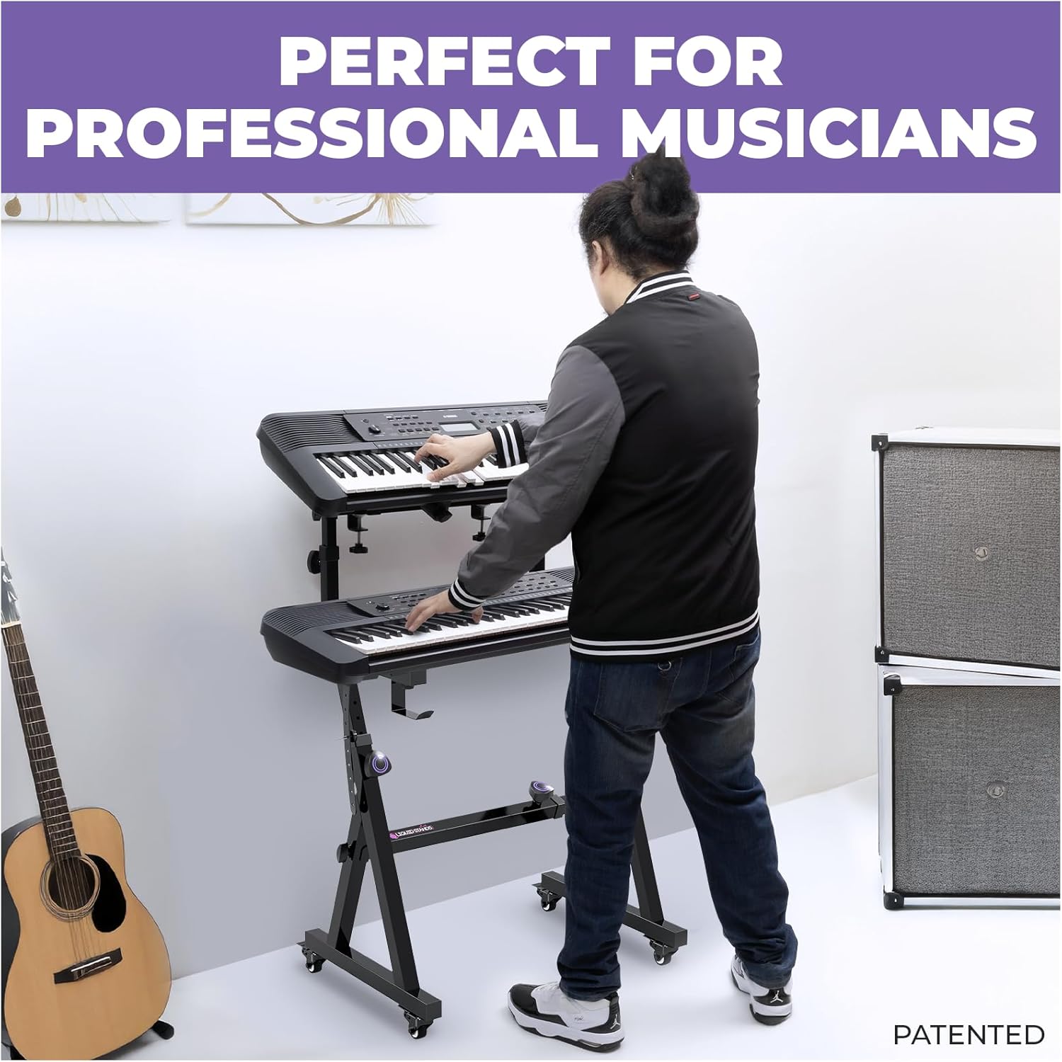 Liquid Stands Dual Piano Keyboard Stand w/ Wheels and 2nd Tier - Rolling Z Style Adjustable, Portable 2 Tier Heavy Duty Music Stand for Synths and Electric Digital Keyboards - Fits 54 61 88 Key Pianos