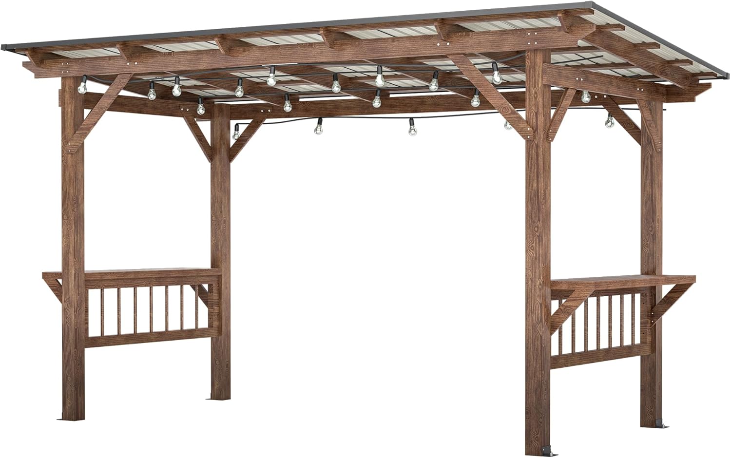 13x6.5 FT Outdoor Wooden Pergola Grill Gazebo with Metal Roof & Bulbs,Waterproof Garden Canopy W/Bar Counters,for Patio,Backyard,Swimming Pool,Brown