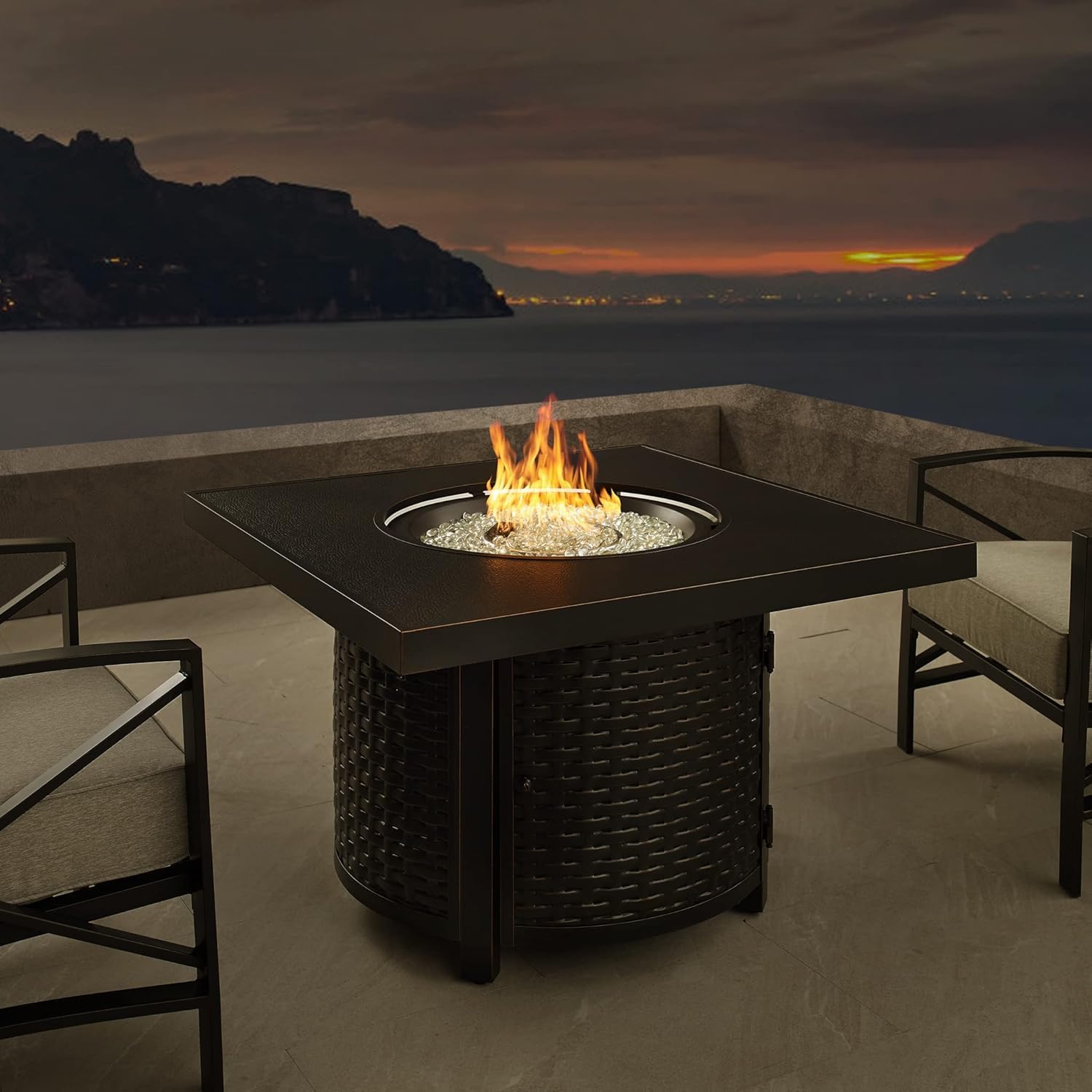 Square LPG/NG Gas Fire Pit Table 55K BTU w/Burner Lid, Cover, Fire Glass #65156
