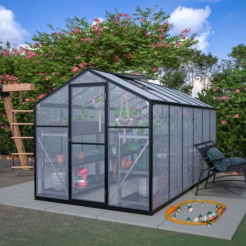 【LuckyNote】6' x 12' Thicked Polycarbonate Greenhouse, Greenhouse with Double Flush Door, Rain Gutter and Ventilation Window, Green House for Sunroom, Garden, Backyard, Walk-in Large Winter,2 parcels.