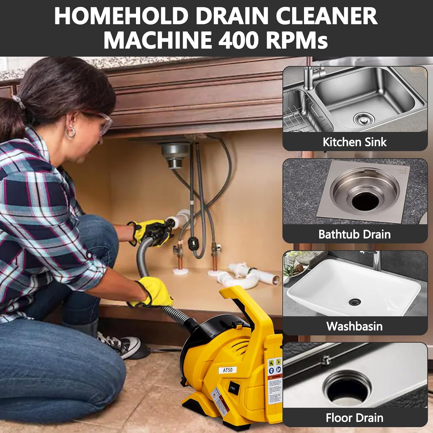 Drain Cleaner Machine 30Ft x 3/10In, Auto-Feed Electric Drain Snake with Foot Switch, Piano Wire Cable for 3/4