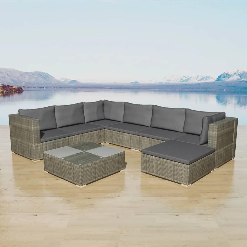 8 Piece Patio Lounge Set with Cushions Poly Rattan Gray Garden Furniture