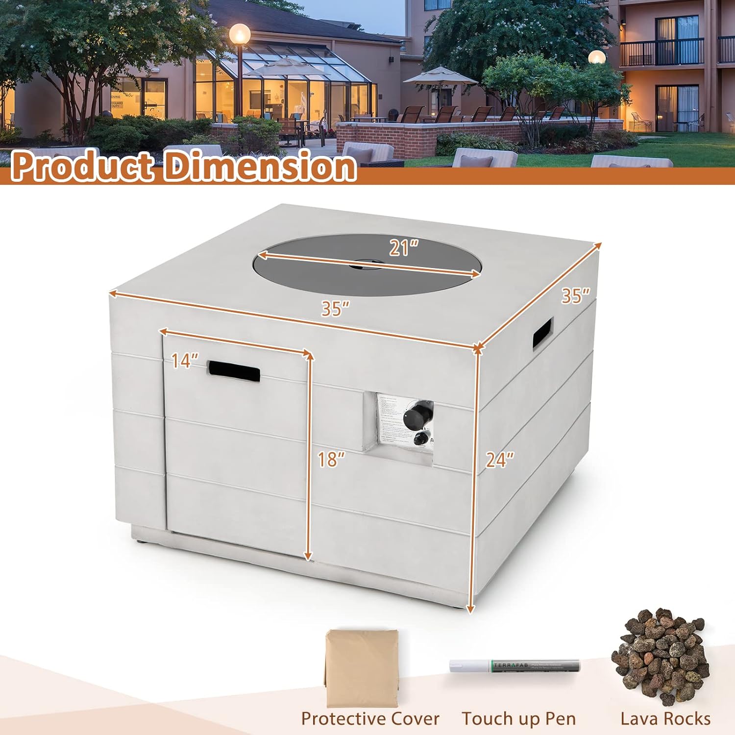 Tangkula 35 Inch Concrete Propane Gas Fire Pit Table, Patiojoy Square Outdoor Propane Fire Table with Protective Cover Lava Rocks & Metal Lid, 50,000BTU Outdoor Concrete Fire Table for Patio, Garden