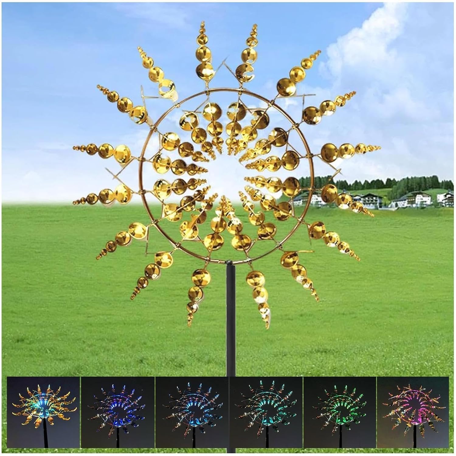 Solar Magical Windmill, Kinetic Wind Spinners 3D Wind Powered, 13.4 x 71in Wind Spinner Garden,Gold