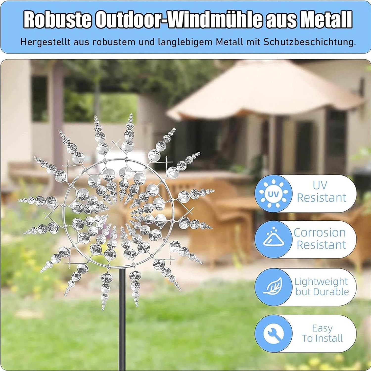 Solar Magical Metal Windmill, Kinetic Wind Spinner 3D Wind Powered, 13.4 x 71in Yard Metal Wind Spinner,Gold