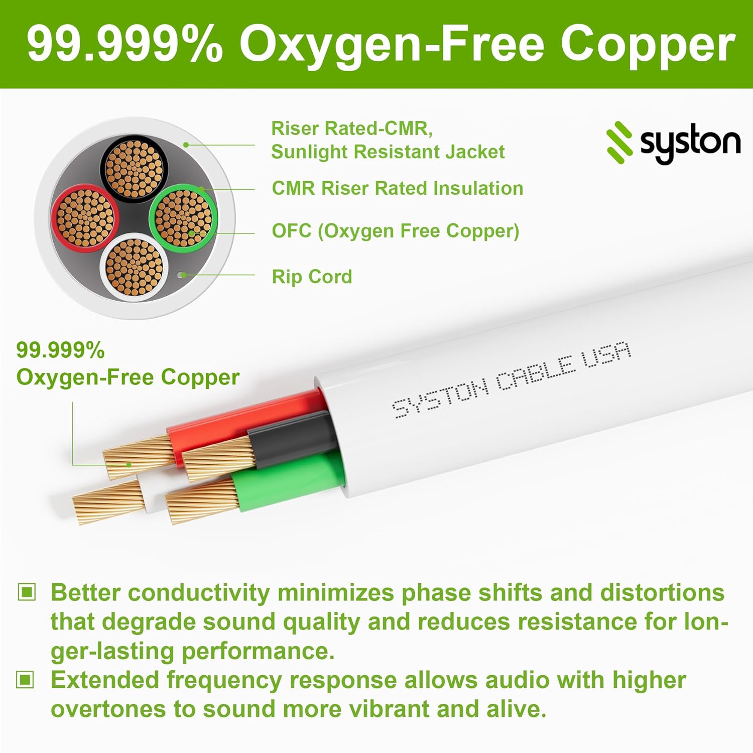 SYSTON 16/4 Speaker Audio Cable Wire Bulk, 16AWG 4C Strand OFC - Oxygen Free Copper Conductors, CMR Riser-Rated Indoor/Outdoor UV Resistant RoHS Compliant for Home Theater Car Speakers, White 100 FT