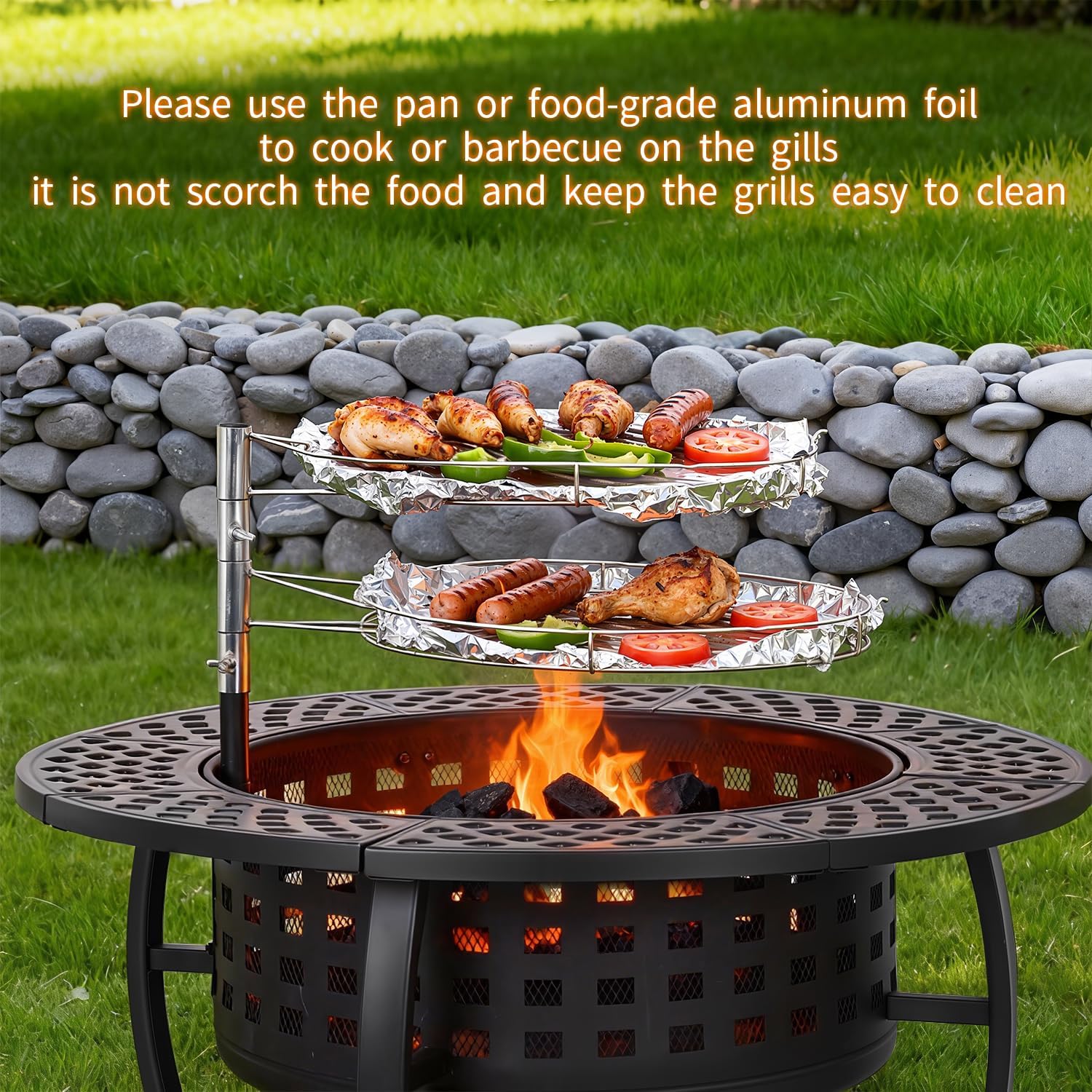 FDW 36 Inch Fire Pit with 2 Adjustable Grills, Wood Burning Outdoor Fire Pit with Lid, Poker & Waterproof Cover, 3-in-1 Fire Pit Table for BBQ, Bonfire & Patio Dining