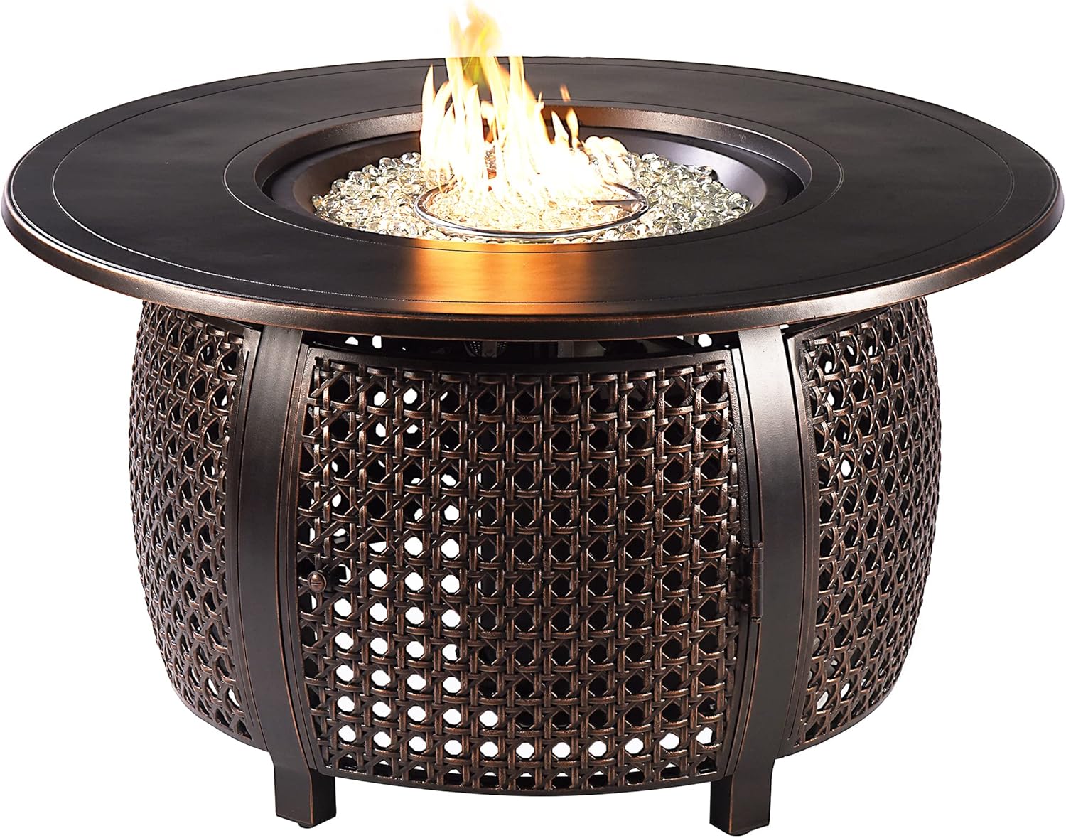 Aluminum 57,0000 BTU 44 in. Round Propane Black Fire Pit Table with Fire Beads, Lid, Propane Tank Cover and Table Fabric Covers in Copper Finish