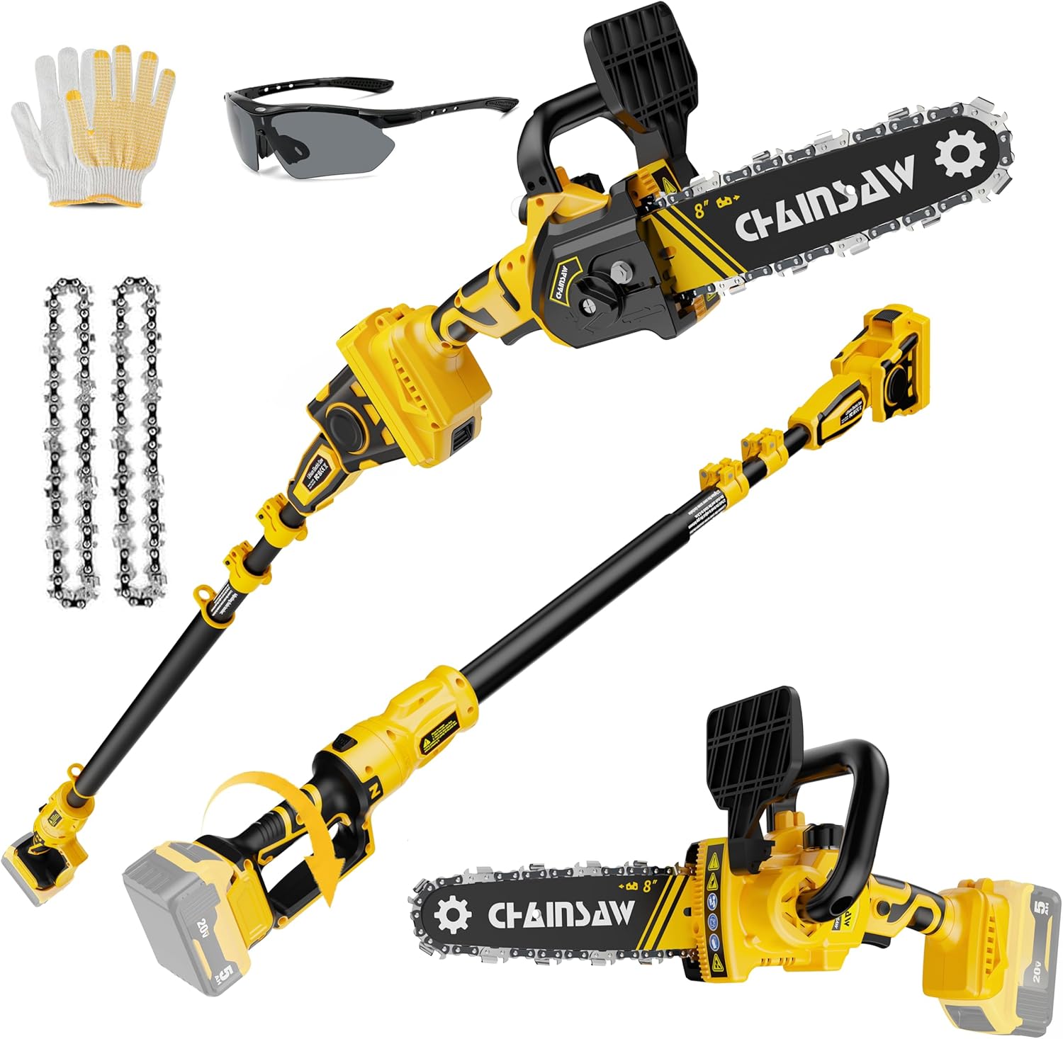 2-in-1 Cordless Pole Saw, 8 Inch Brushless Pole Chainsaws Compatibility with Dewalt 20V MAX Battery,Auto Oiling,14.8 FT MAX Extension Pole Saws for Tree Trimming(Battery & Charger not included)