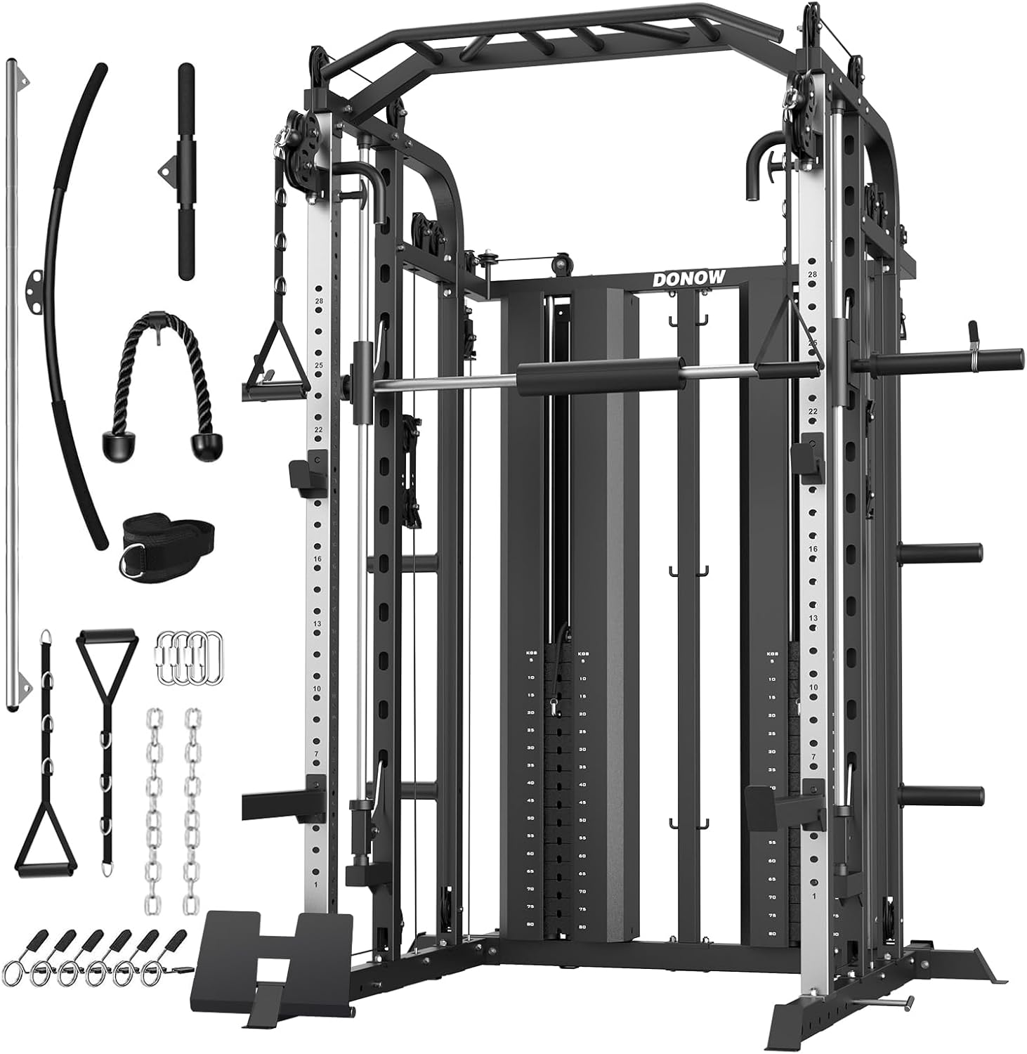 DONOW Smith Machine with Weight Stacks, Multi Function Home Gym System Training Power Cage Squat Rack Dual Cable Crossover Machine All in One