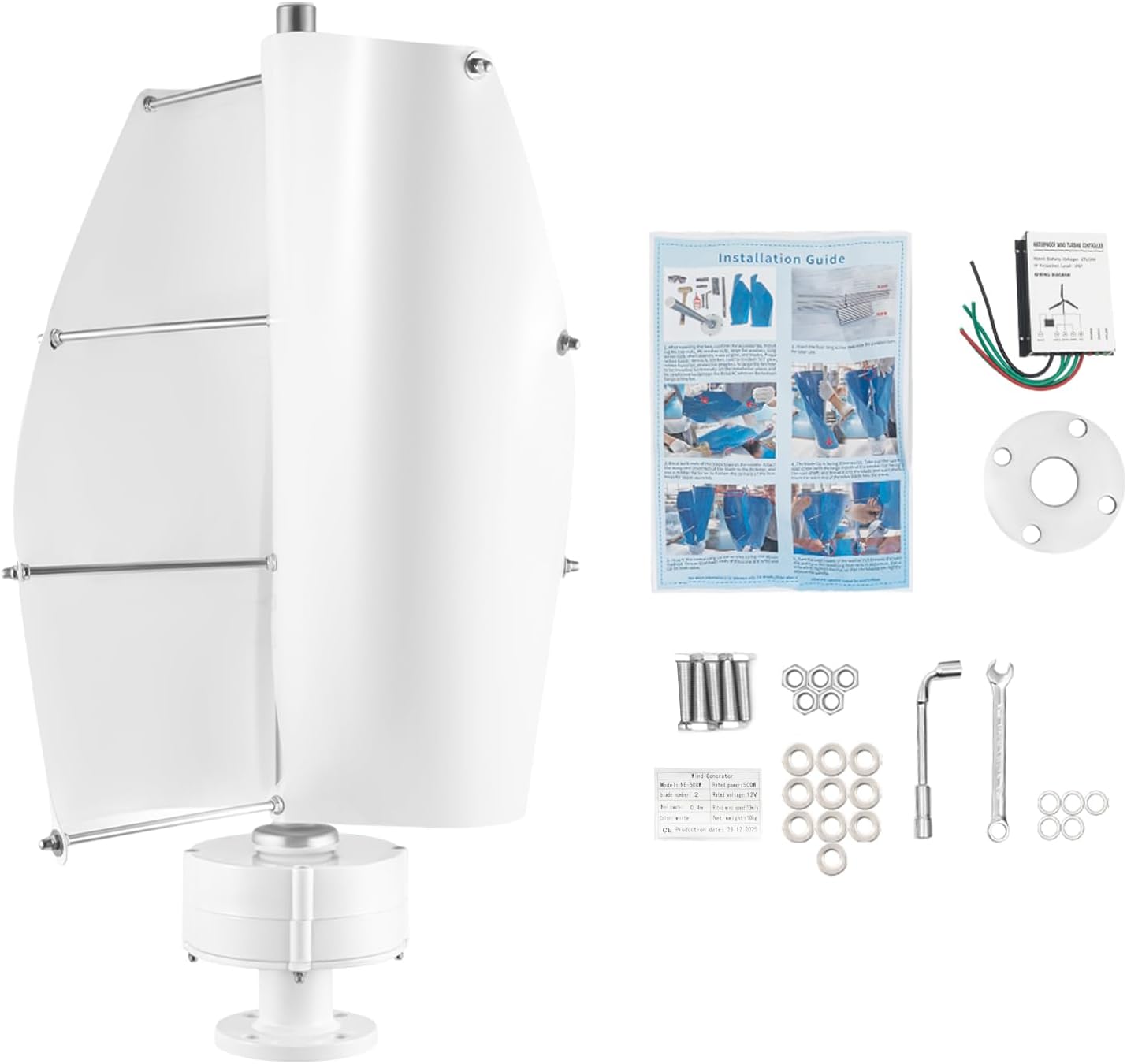 500W Vertical Axis Wind Turbine Generator Kit for Hybrid Solar System, Permanent Magnet Generator With Controller (White)