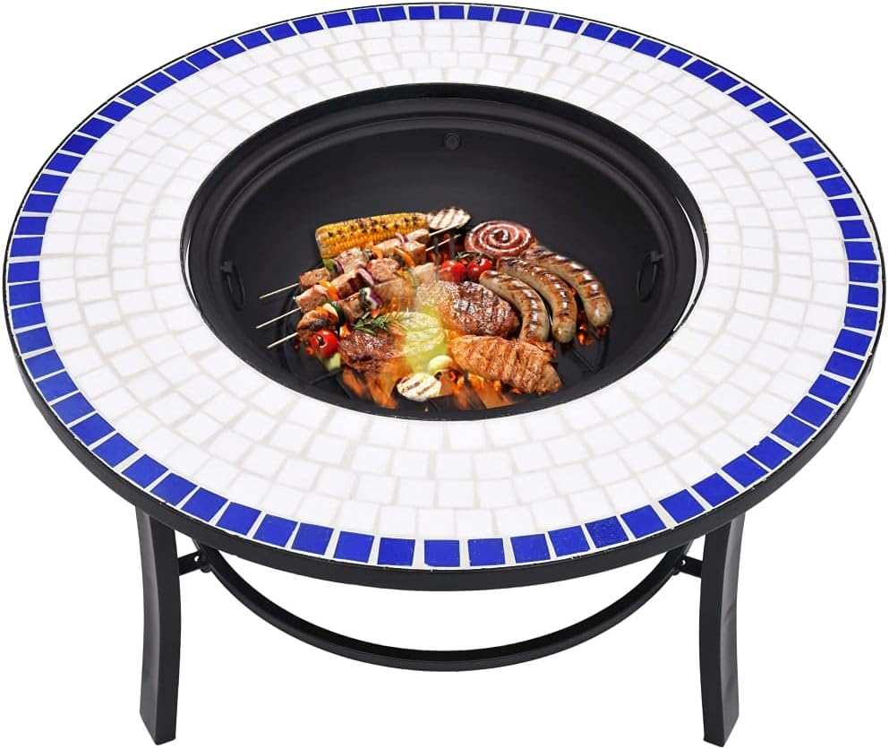 vidaXL Blue and White Ceramic Mosaic Fire Pit – Outdoor Steel Fire Pit Stove, Perfect for Garden & Patio, Efficient in Absorbing & Radiating Heat, Ideal for BBQ and Roasting, Sturdy Design