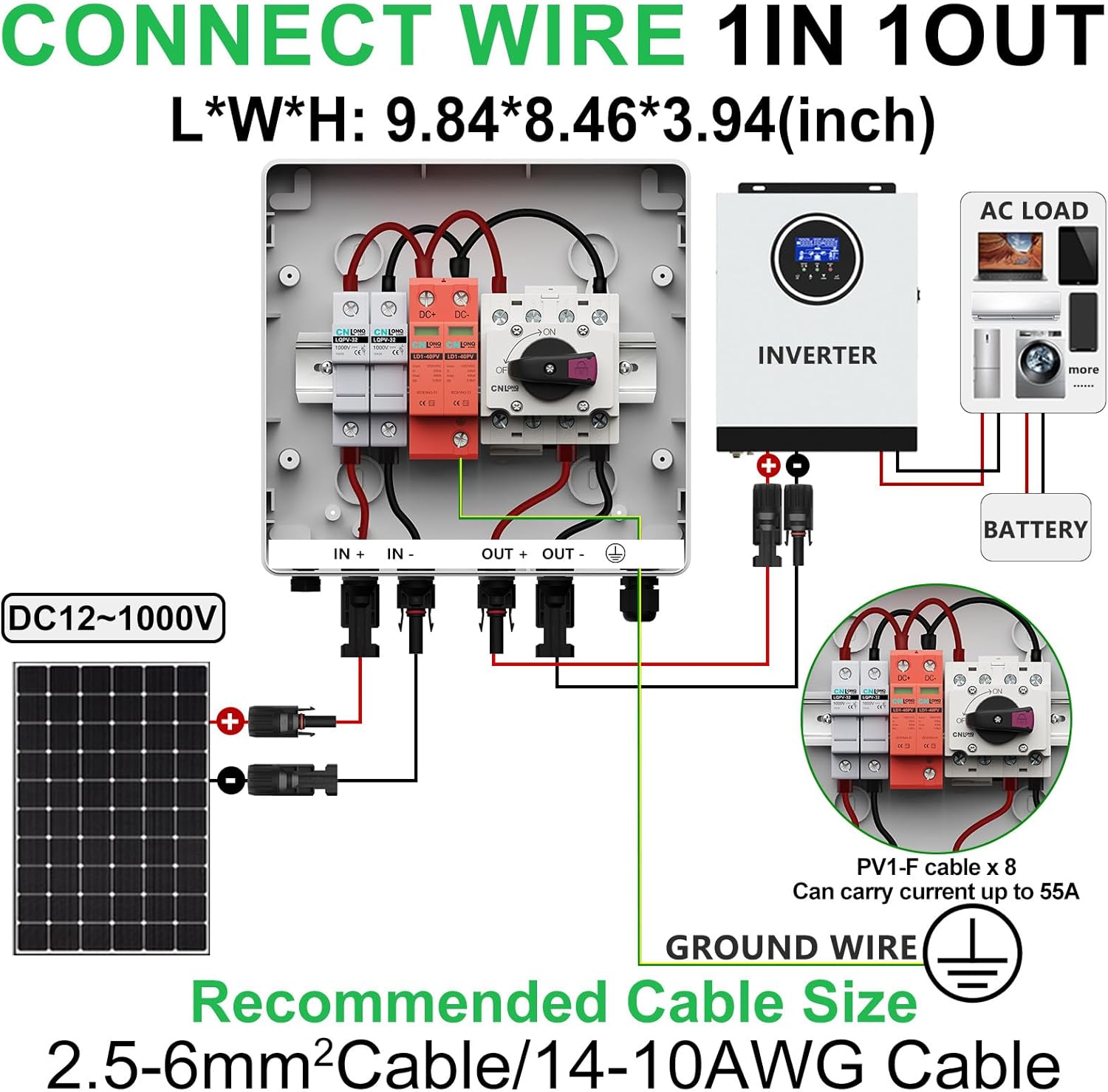 IP65 Solar PV Combiner Box DC1000V 32A Circuit Breaker with Surge Protector and 15A PV Fuses, 1in 1out Disconnect Switch Outdoor Waterproof for Solar Panels System