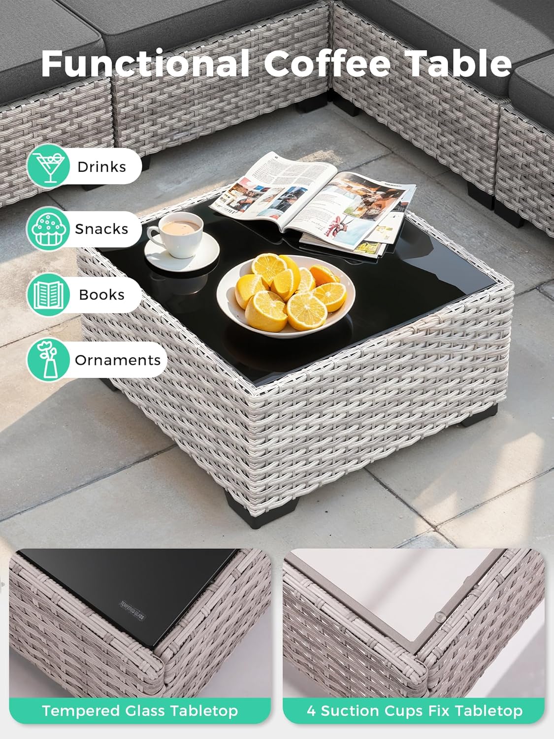 7 Piece Outdoor Wicker Rattan Sectional Sofa Set with Fire Pit Table, 5-Seats Conversation Set with 4