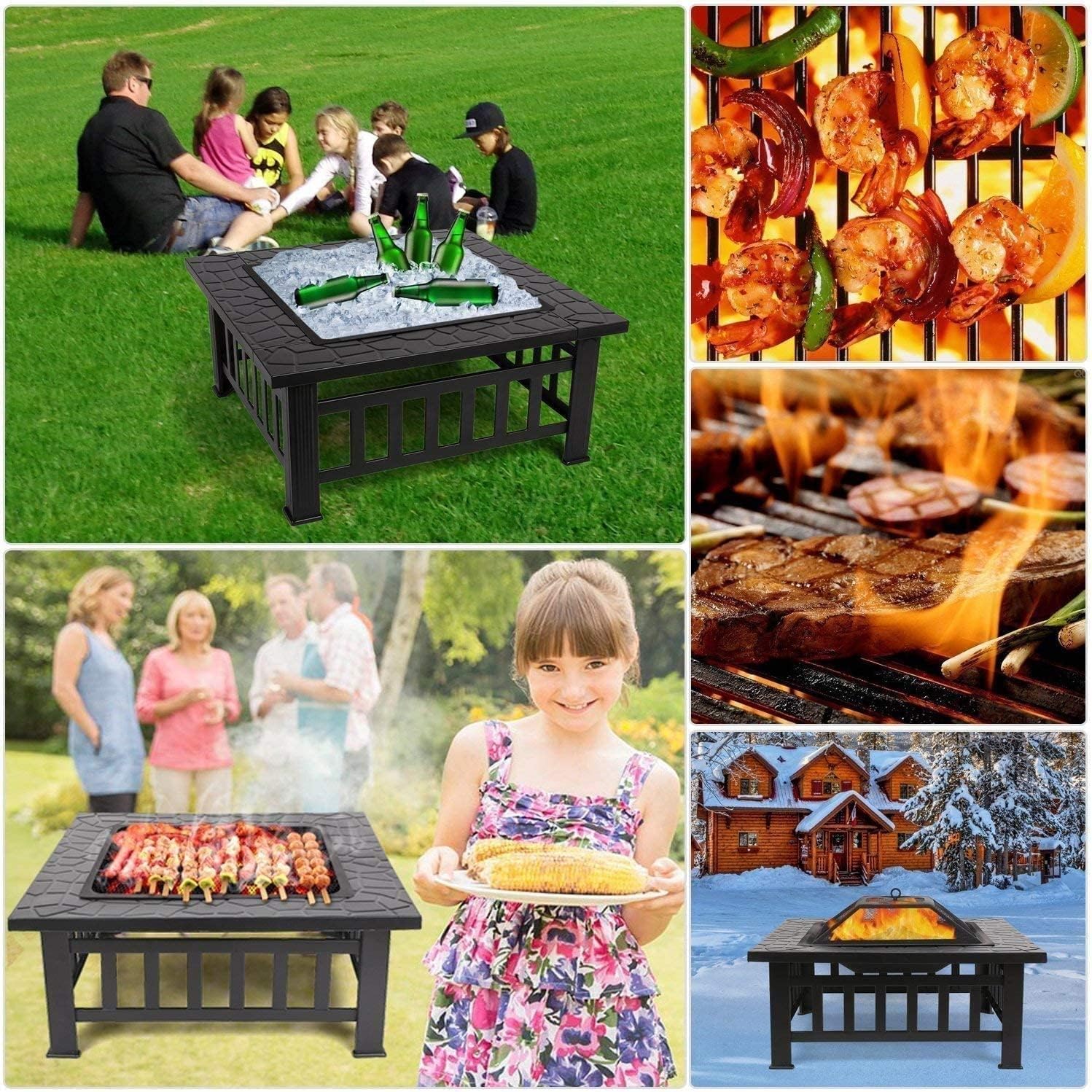 Fire Pit, Outdoor Brazier, Metal Square Patio Firepit Table BBQ Garden Stove with Spark Screen Cover Log Grate and Poker, Suitable for Outside Wood Burning and Drink Cooling