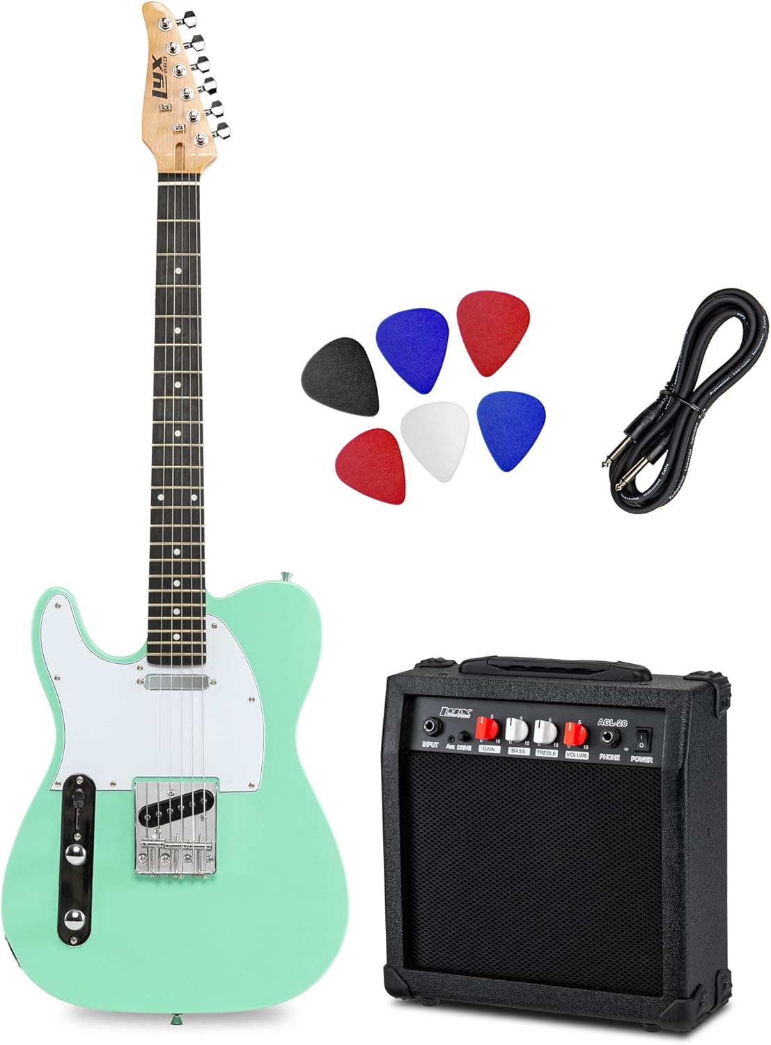 LyxPro 39” Electric Guitar TL Series Kit, Left Hand, 20 Watt Amp, Full-Size Body, C-Shape Neck, Quality Tuning Heads, 3-Way Switch & Volume/Tone Controls, 12 Picks And Cable Included - Green