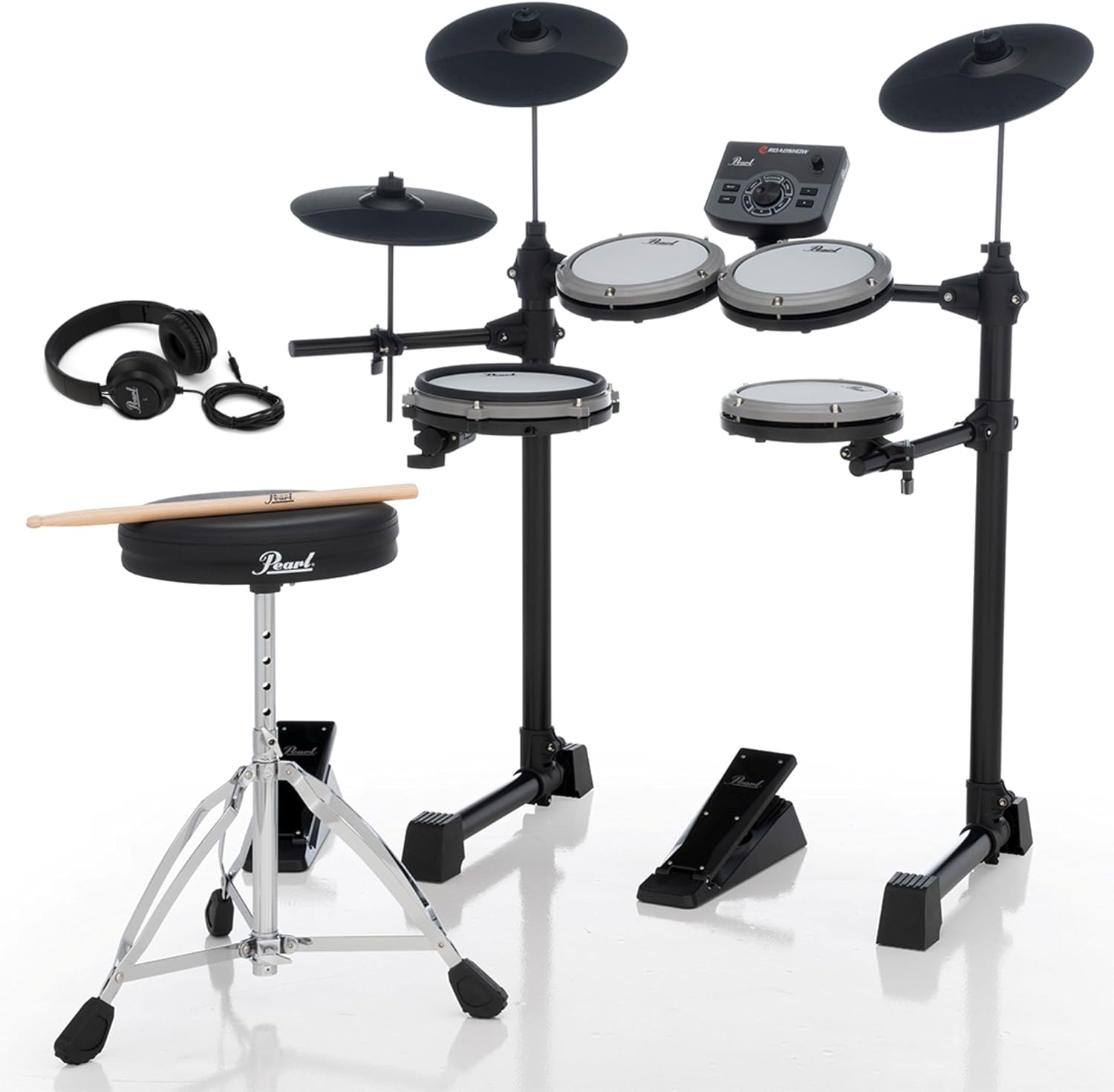 Pearl ERS1000 eRoadshow Electronic Drum Set, Complete Kit with Four Quiet Mesh Pads, Two Pedal Controllers, Cymbal Pads, Throne, Drum Rack, Headphones, and Sticks